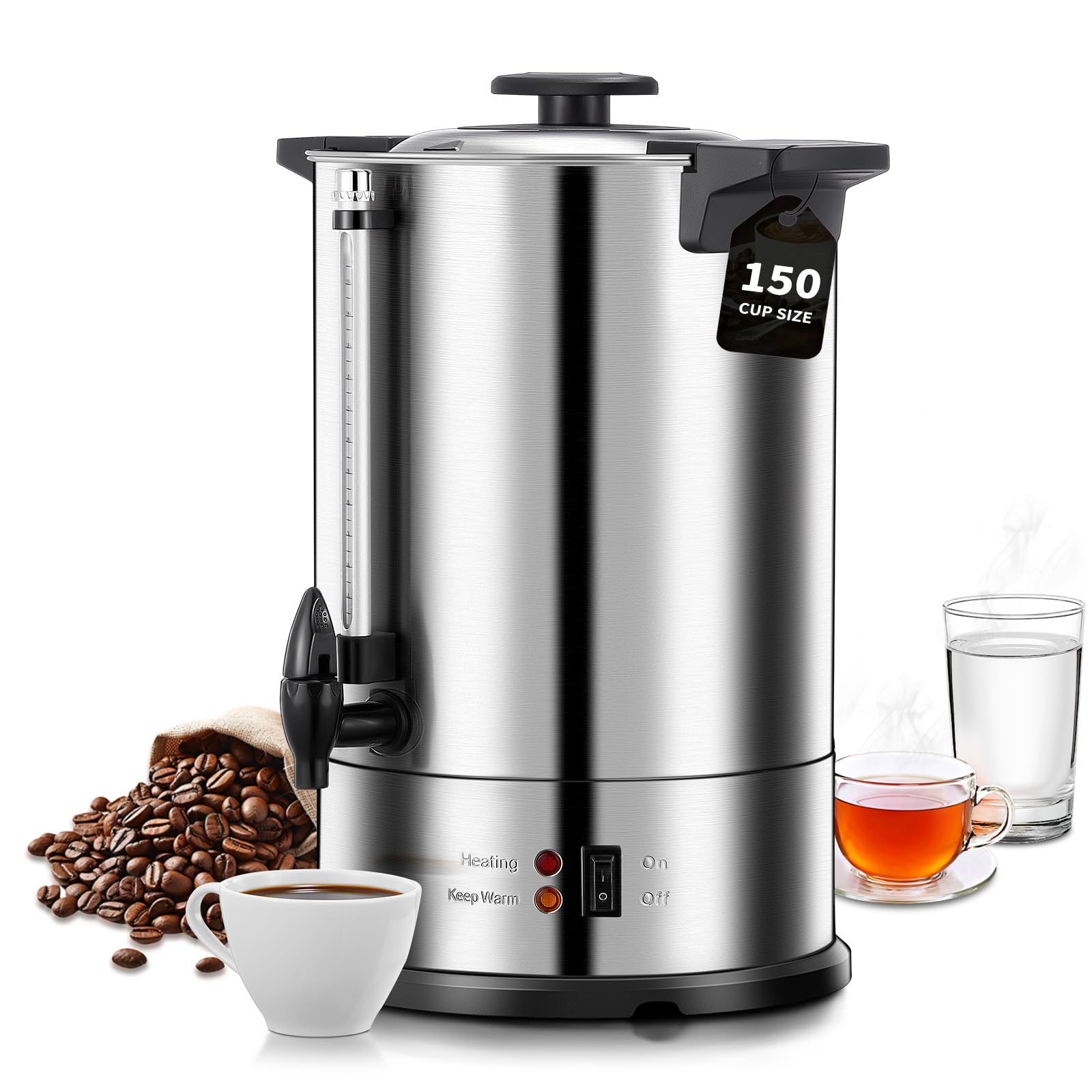 FOHERE Percolateur à Café 15L 150 Tasses/H Distributeur de Boissons Chaudes, Récipient Chauffant 1500 W en Acier Inoxydable, Fonction de Brassage Et de Maintien au Chaud mit Robinet de Sécurité