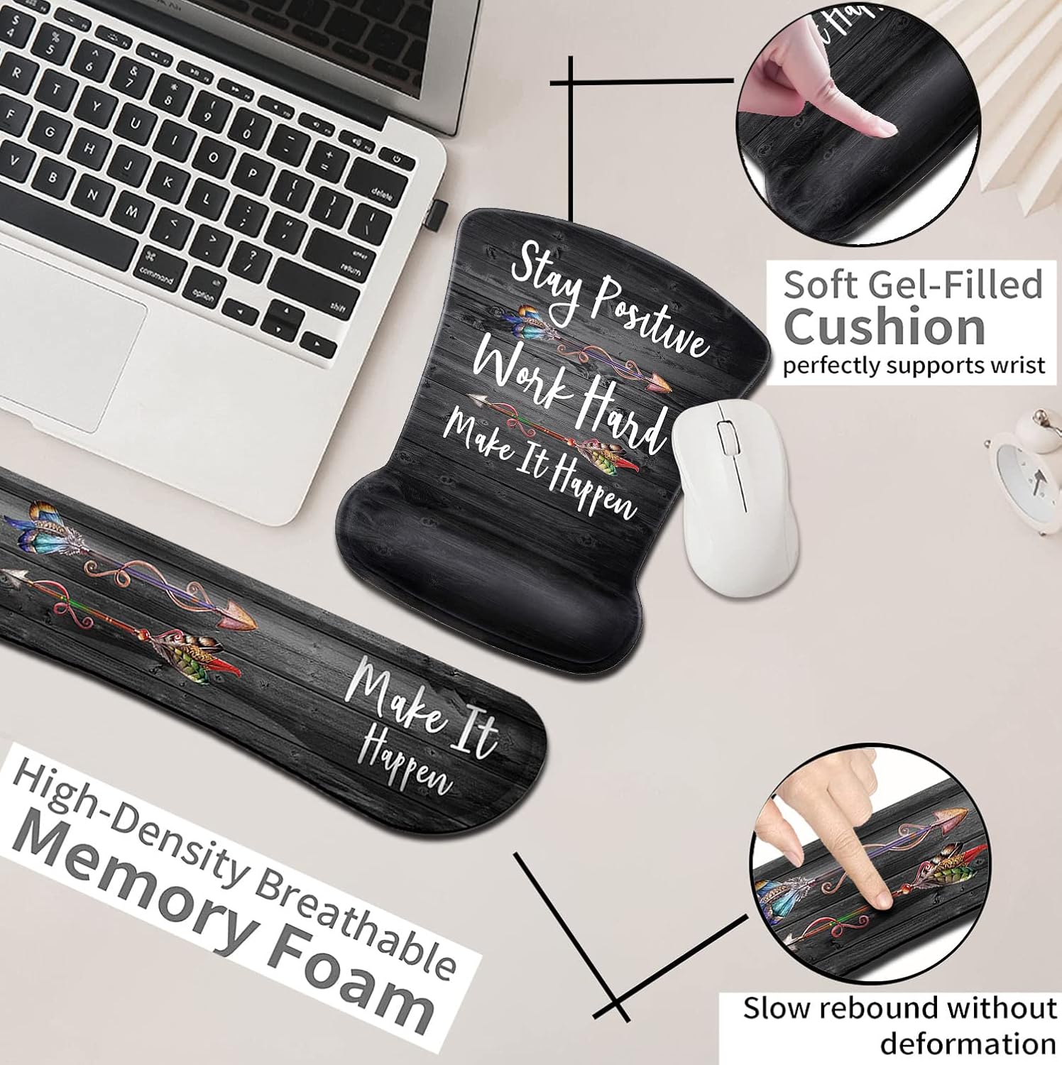 Ergonomic Mouse Pad with Gel Wrist Rest Support,Non-Slip PU Base for Computer Laptop Home Office Stay Positive Work Hard and Make It Happen, Memory Foam Keyboard Wrist Rest,Silver Glitter Black Quote