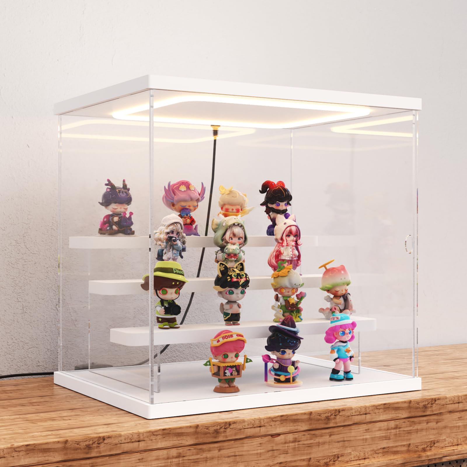 Vetrina Acrilica con Luce LED, 4 Livelli Scatola Vetrina Espositiva per Collezionismo con Porta e Gradini, Antipolvere Teca Plexiglass per Funko Pop, Figure, Modellini, Bianco