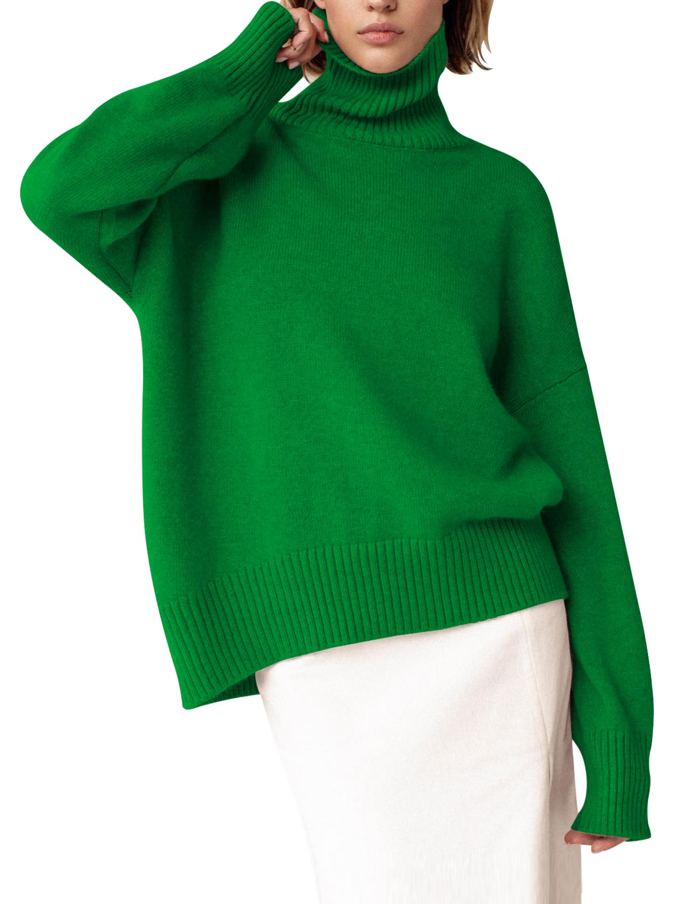 YKR Women's Turtleneck Sweater Chunky Long Sleeve Knitted Pullover High Low Hem Sweater Jumper Top Green XL