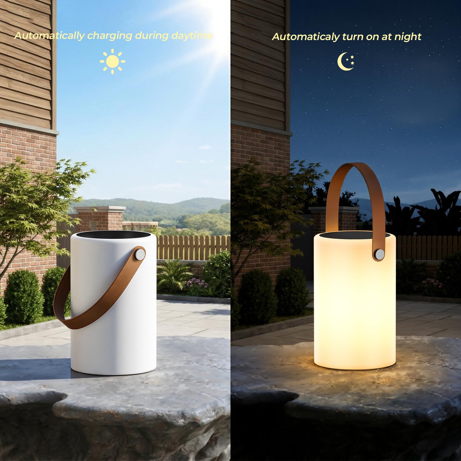 Gewiny Solar-Tischlampe, Outdoor-Solarlaternen, Outdoor-Lampen für Terrasse, wasserdicht, wiederaufladbare Laterne mit Lichtsensor, dimmbar, warmweiß und RGB-tragbare kabellose LED-Leuchten für Garten
