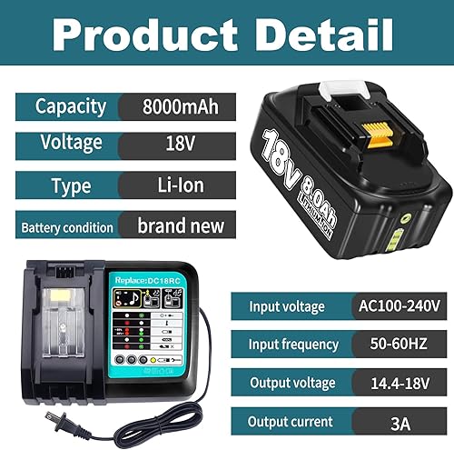 Miniatura 2 de 2 paquetes de repuesto para batería Makita de 18 V de 8.0 Ah con un cargador DC18RC compatible con batería Makita de 18 voltios BL1860 BL1820 1830B