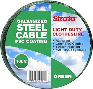 Strata 100 Feet Clothesline Outdoor Heavy Duty Galvanized Wire Steel Cable, Green PVC Coating - Clothes Line Wires for Outside Laundry Drying