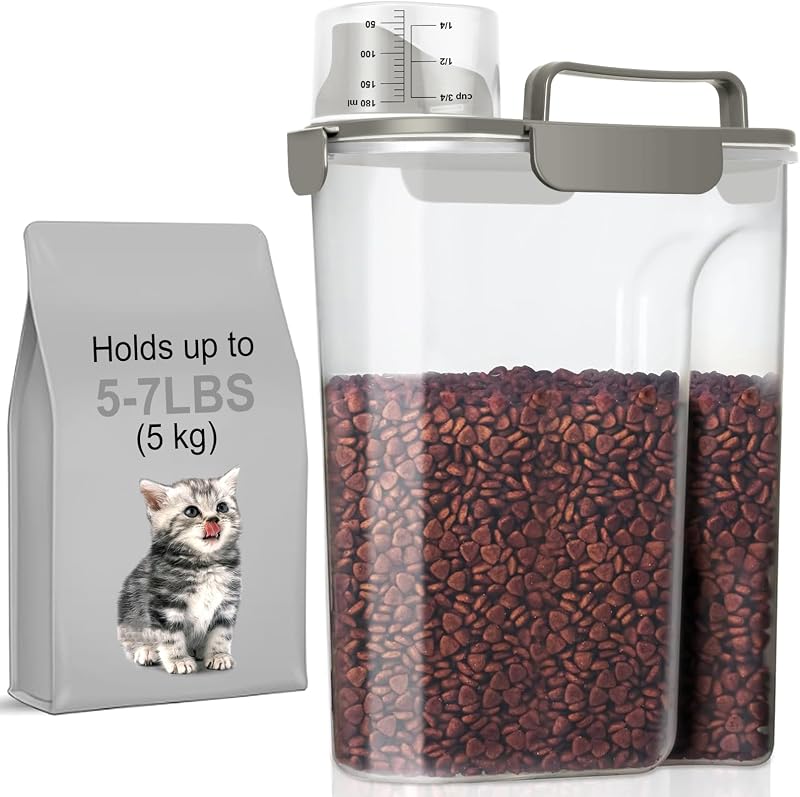 Recipiente para Armazenar Ração de Gatos e Cães LEAWALK com Vedação Dupla, Bico Grande e Copo Medidor Khaki 5 L