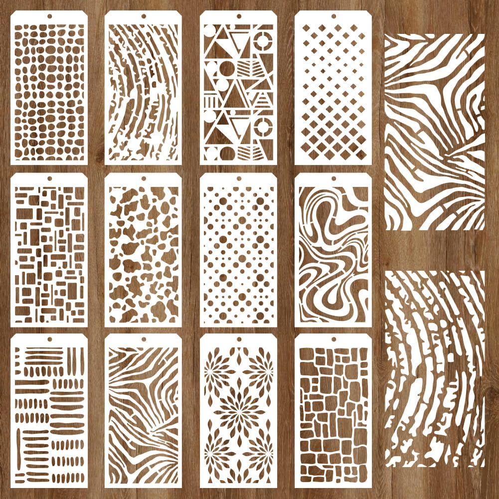 GOMAKERER 12 Pcs Decorative Painting Templates, 12 Styles Brick Layered Texture Painting Stencils Reusable Art Drawing Templates for Drawing on Wall Wood Home Decor