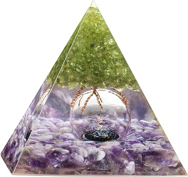 Peridot Tree Crystal Pyramid Orgone Pyramid with Glass Ball | Amethyst Pyramid for Home Office Decor Energy Generator Orgone Pyramid for Meditation, Spiritual Healing