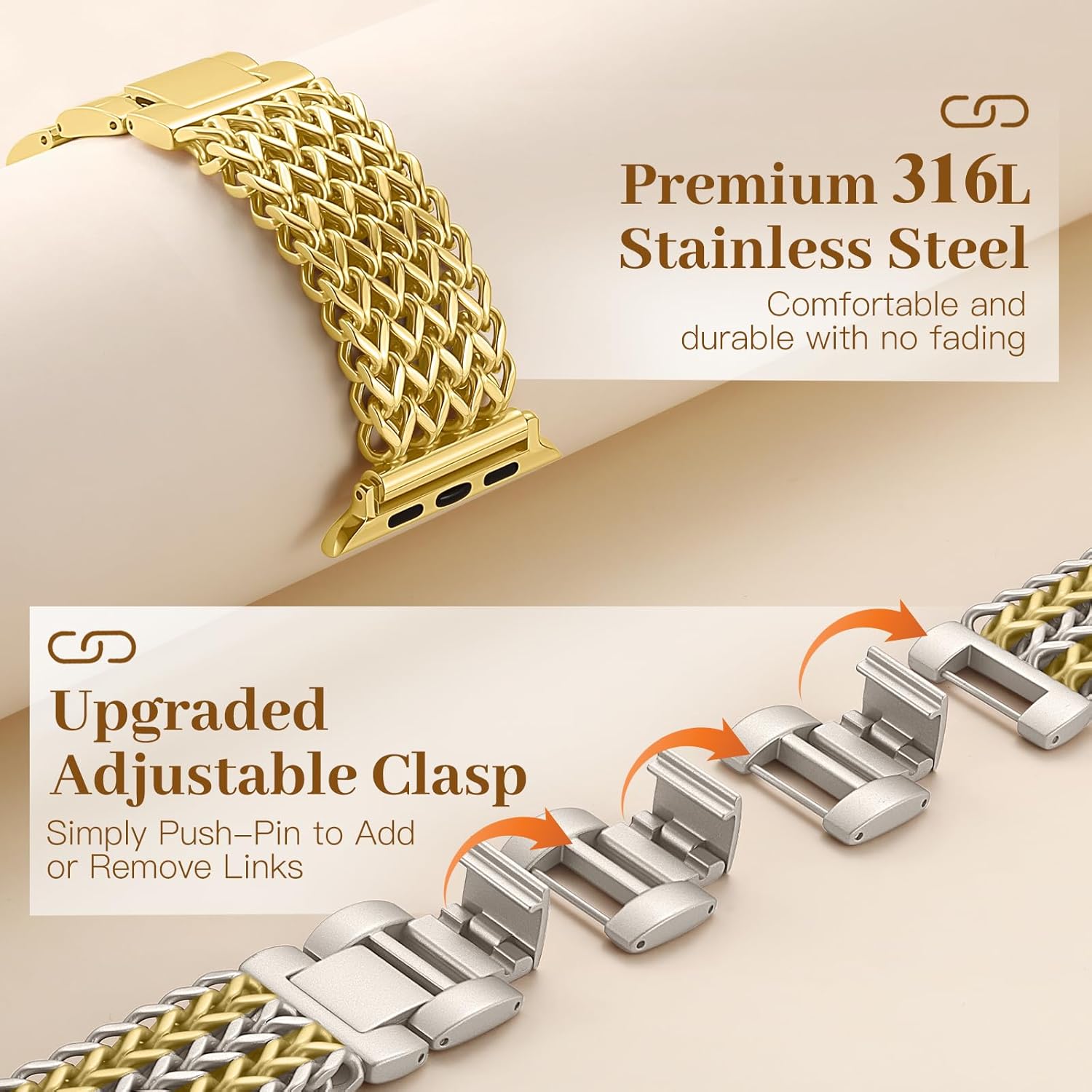 Metal Band Compatible with Apple Watch Bands for Women 40mm 41mm 42mm 38mm 44mm 45mm 46mm 49mm, Dressy Stainless Steel Link Bracelet, Designer Strap for iWatch Series 11/SE/10/9/8/7/6/5/4/3/2/1/Ultra - Image 3