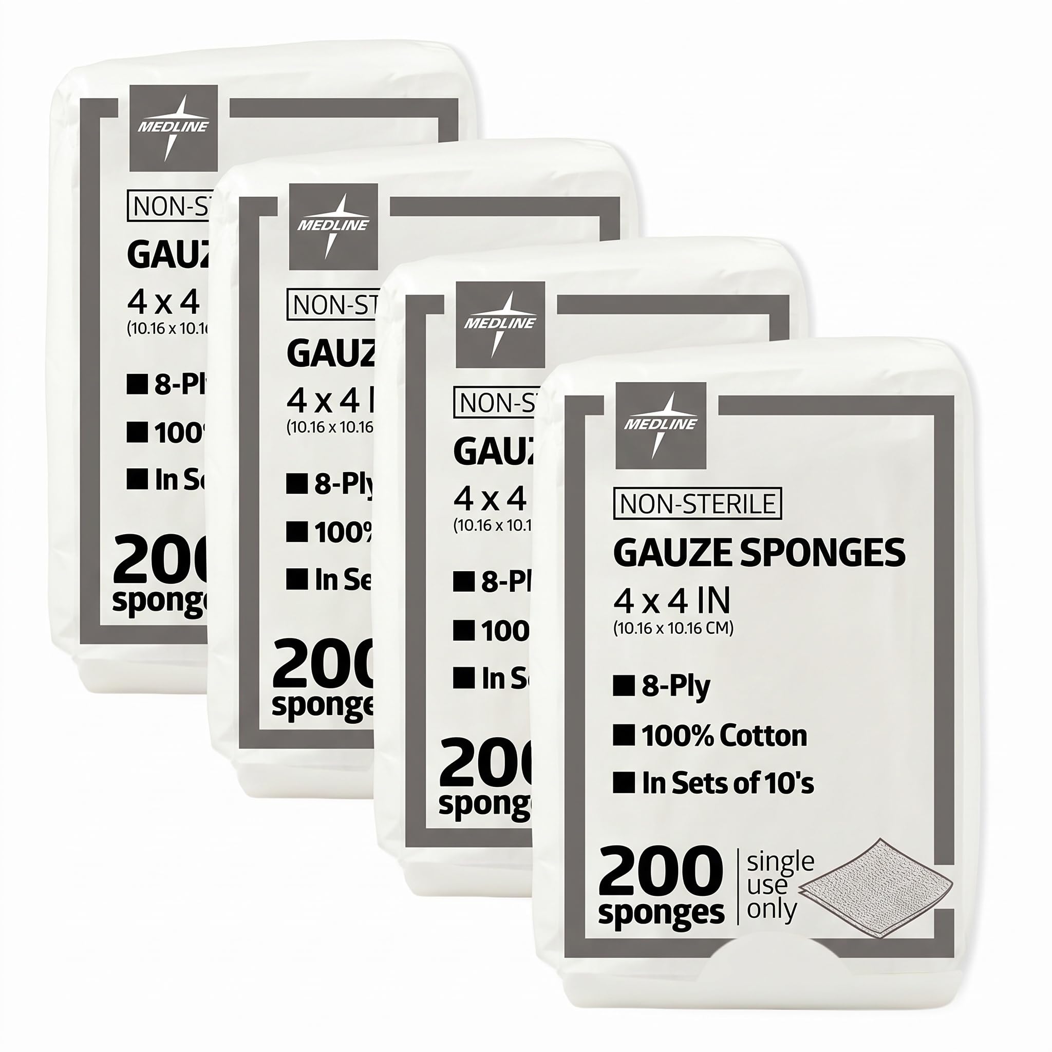 Medline Gauze Sponges, 4 x 4 inch, 100% Cotton, 200 Count | 8-Ply | Woven | Non-Sterile | Pack of 4