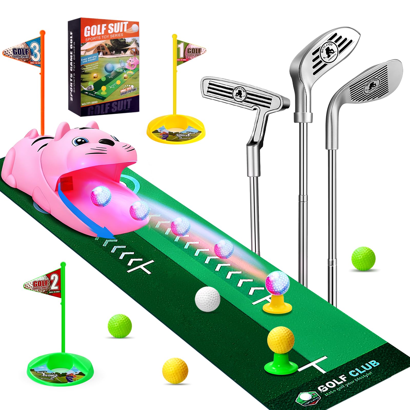 Cofvetia Kids Toy Golf Set with Automatic Golf Returner, White Golf Balls have Led Light Up Night, 3 Clubs, Putting Mat 3-8 Toddler Mini Golf Games, Indoor Outdoor Sports Toys for Boys Girls (Pink)