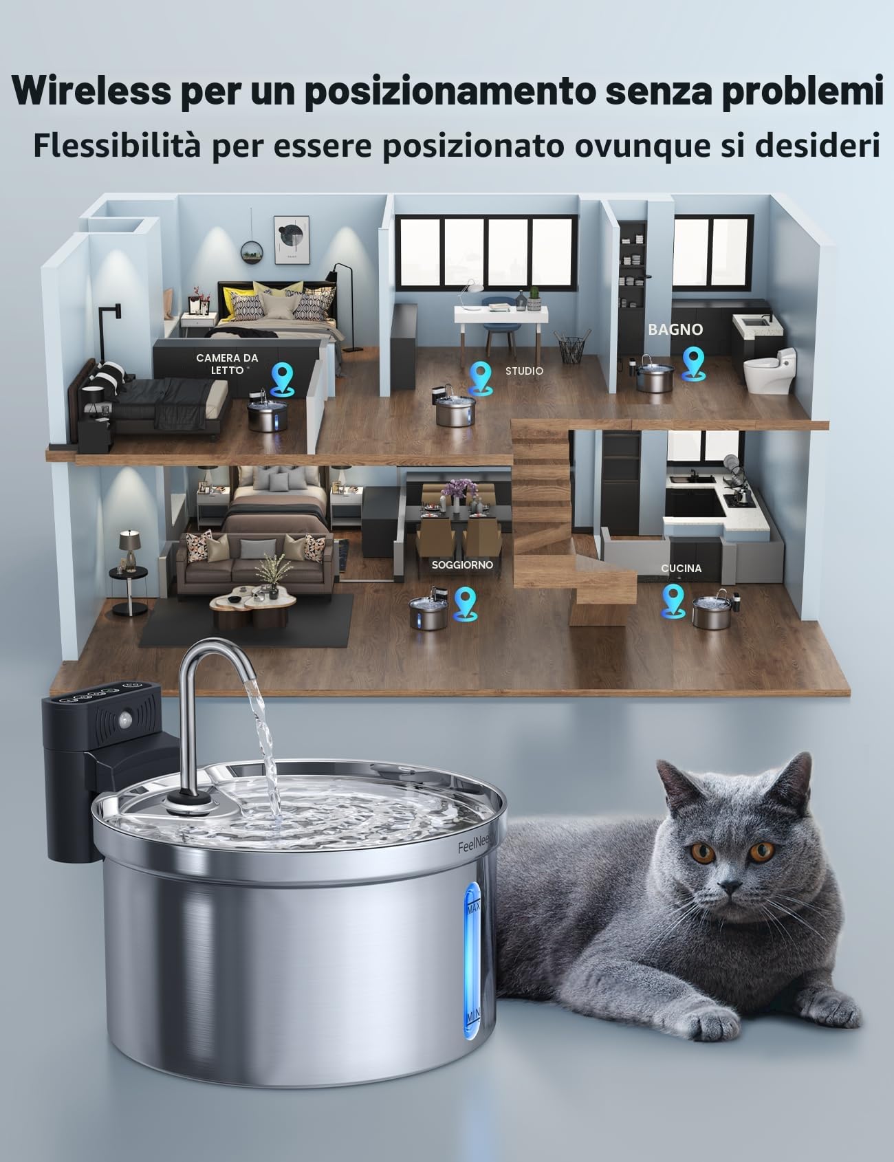 Fontanella per Gatti Senza Fili con Sensore [Separazione acqua e batteria] FEELNEEDY Distributore Automatico d'acqua in Acciaio Inox, Fontana a Batteria 4000mAh- 3.5L con 6 Set Filtri