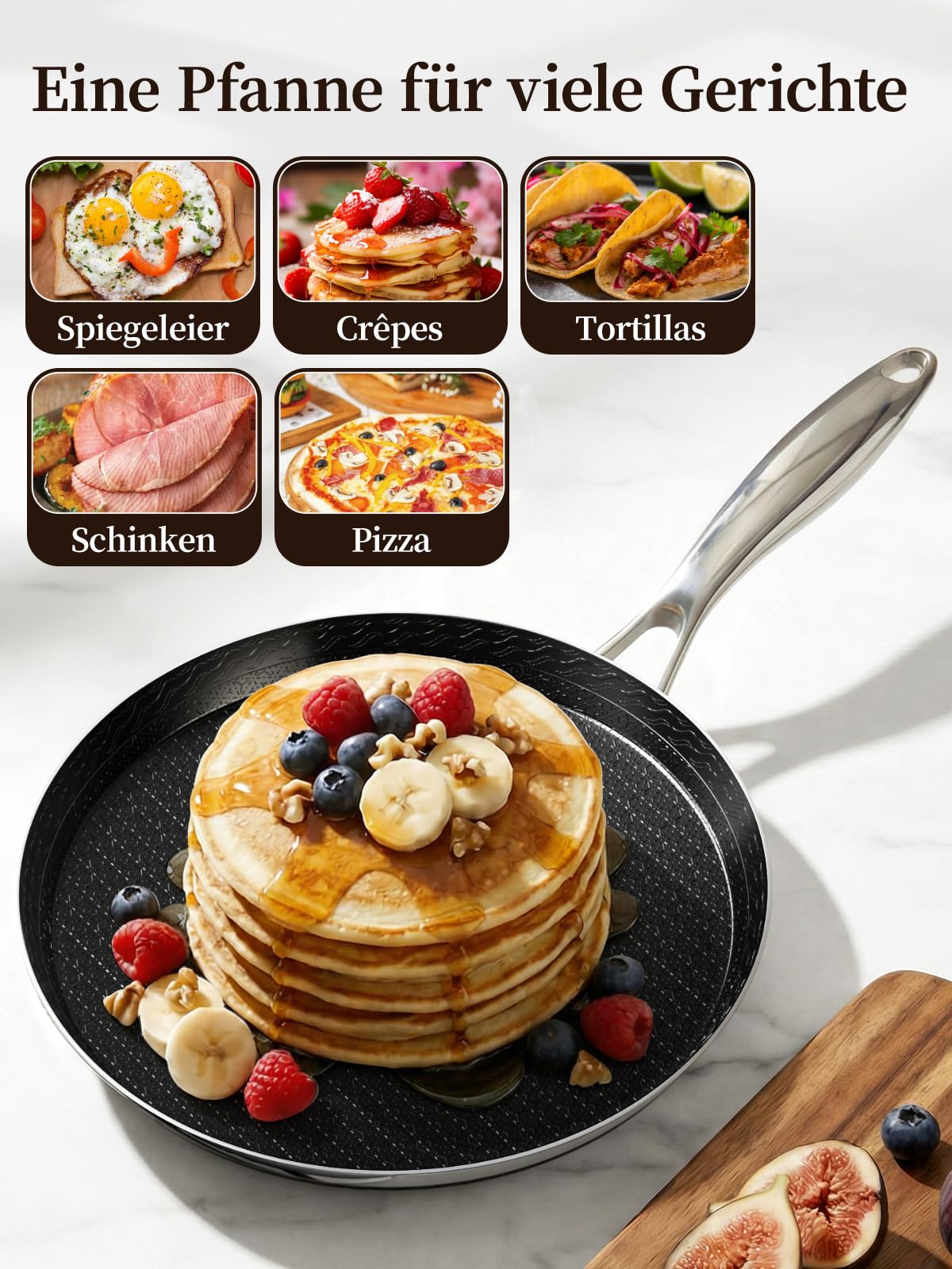 Innerwell 26 cm Crepes Pfanne aus Edelstahl, Pfannkuchenpfanne mit Kratzfeste Antihaftbeschichtung, Omlettpfanne Edelstahlgriff, Schwarz, Induktions Kompatibel，PFOA-frei