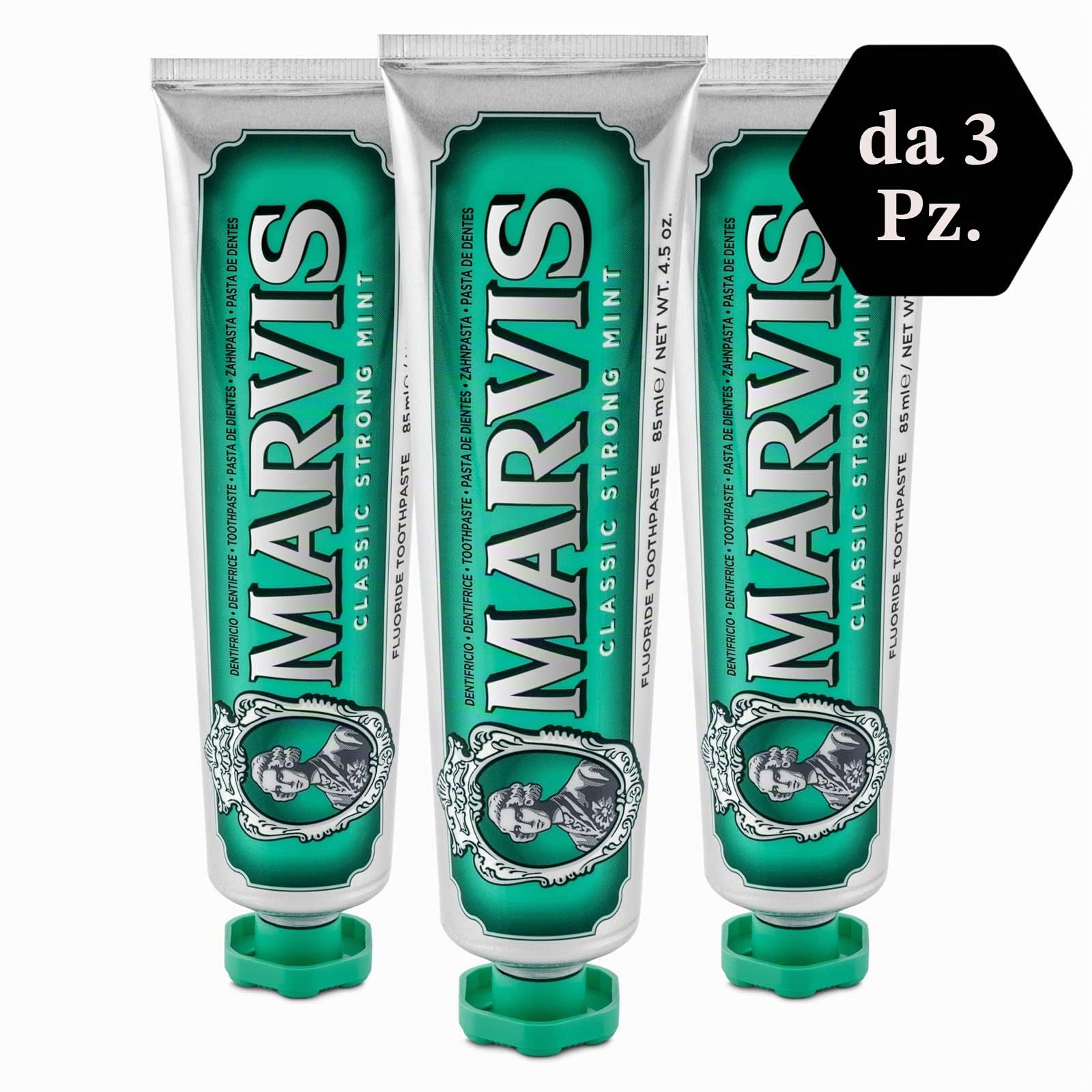 Marvis Classic Strong Mint Dentifricio, 3 × 85 ml, Dentifricio con garanzia di esperienza gustativa per una freschezza rinvigorente e duratura