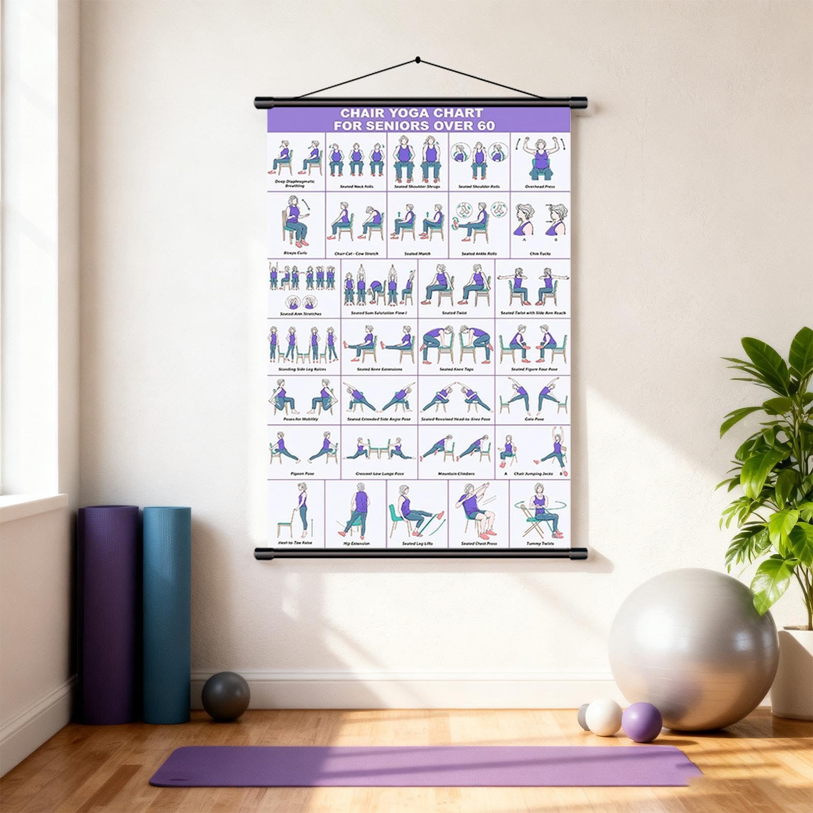 Tableau d'entraînement sur chaise de yoga - 40 x 60 cm - Guide d'exercices de chaise - Tableau mural pour les personnes âgées et les débutants, tableau de fitness, affiche pliable en tissu pour la