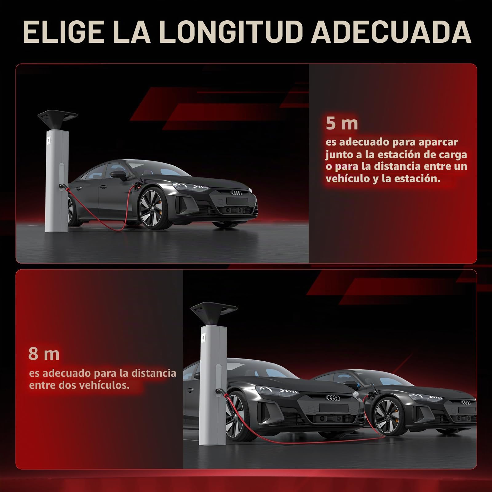 Cable de Carga para EV Tipo 2 8 m 22 kW, 32 A Trifásico | Modo 3 Cable de Carga Rápida Híbrido Enchufable para Vehículo Eléctrico Tipo 2 | para Model Y/3/ID.4/IONIQ 5/EV6/Spring/5 E-Tech