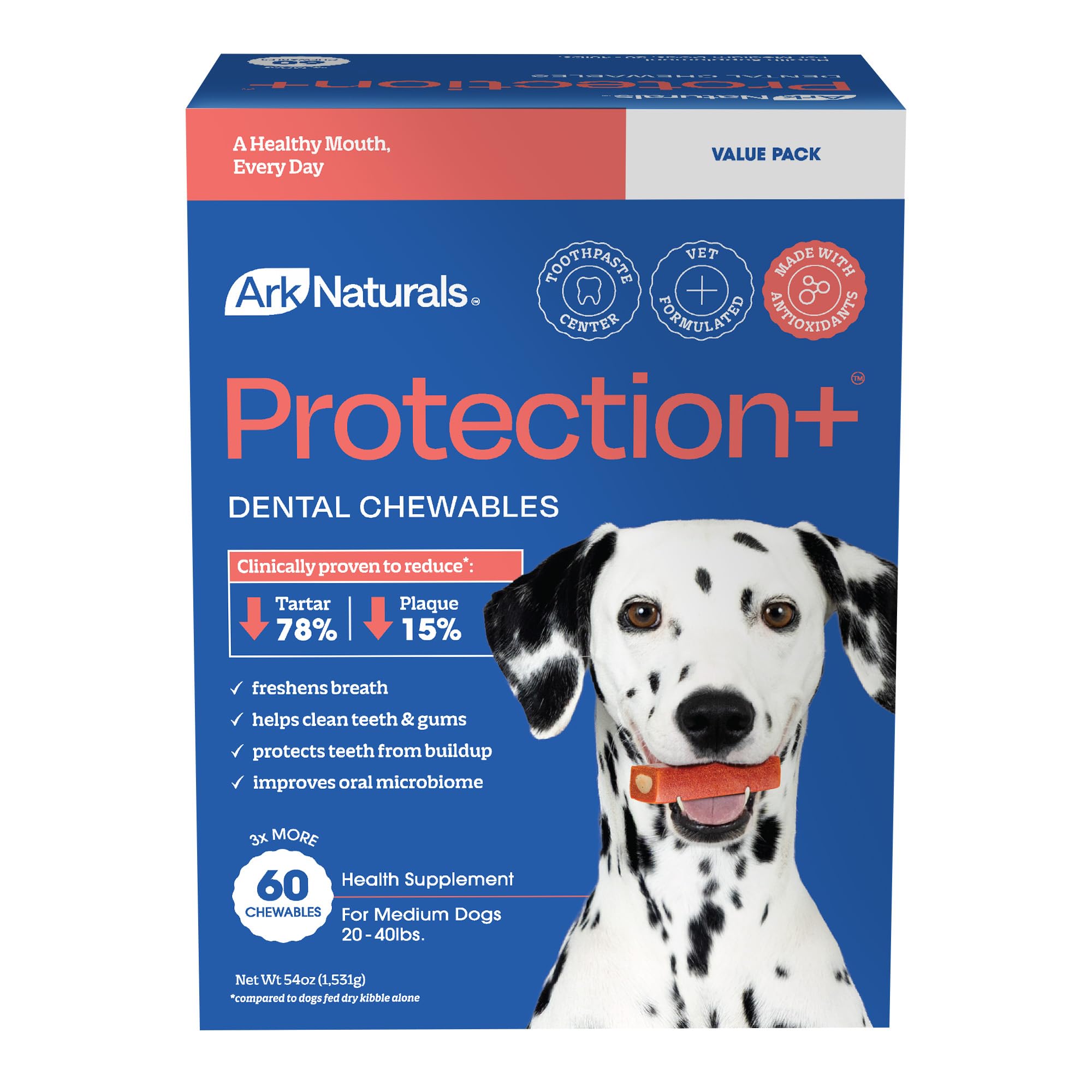 Ark Naturals Protection+ Brushless Dog Dental Treats - Medium Breeds, 60 ct