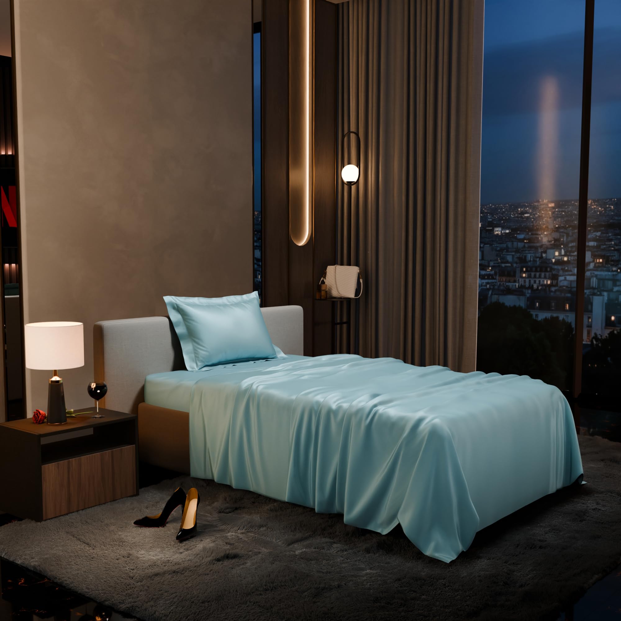 Stoa Paris Single Bedsheet with 1 Pillow Cover, 300TC Satin Premium Bedding Set, Home Decor, Wedding Gift for Couples, Housewarming, Anniversary, Date Night - Dreamy Blue