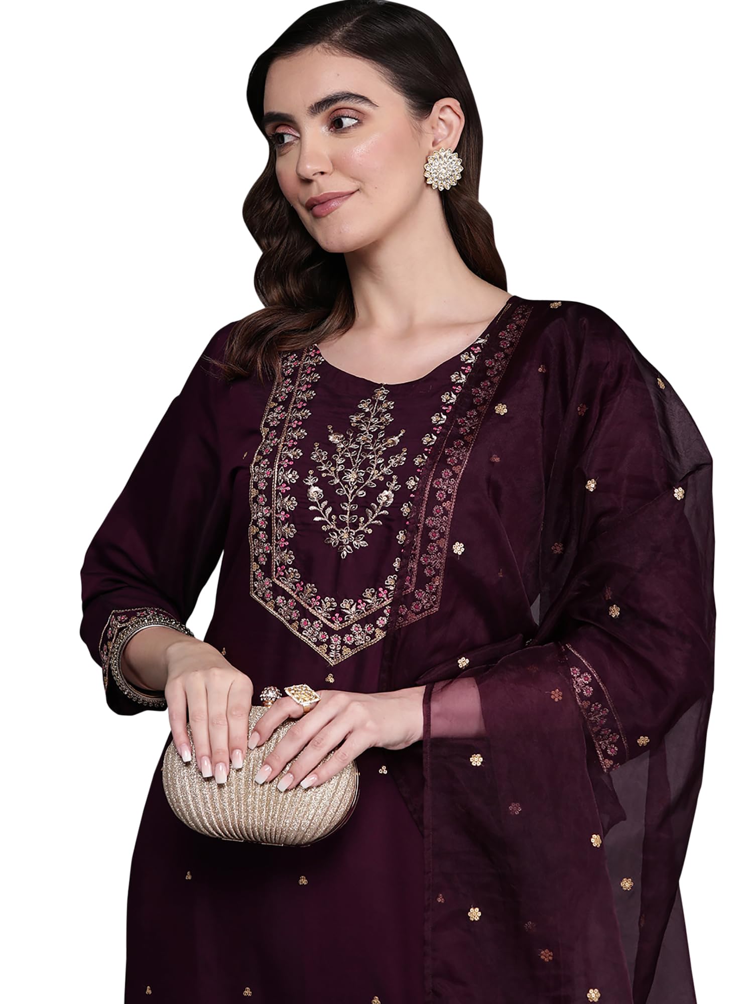Indo Era Women Silk Wine Straight Embroidered Kurta Trouser with Dupatta Set in wine
