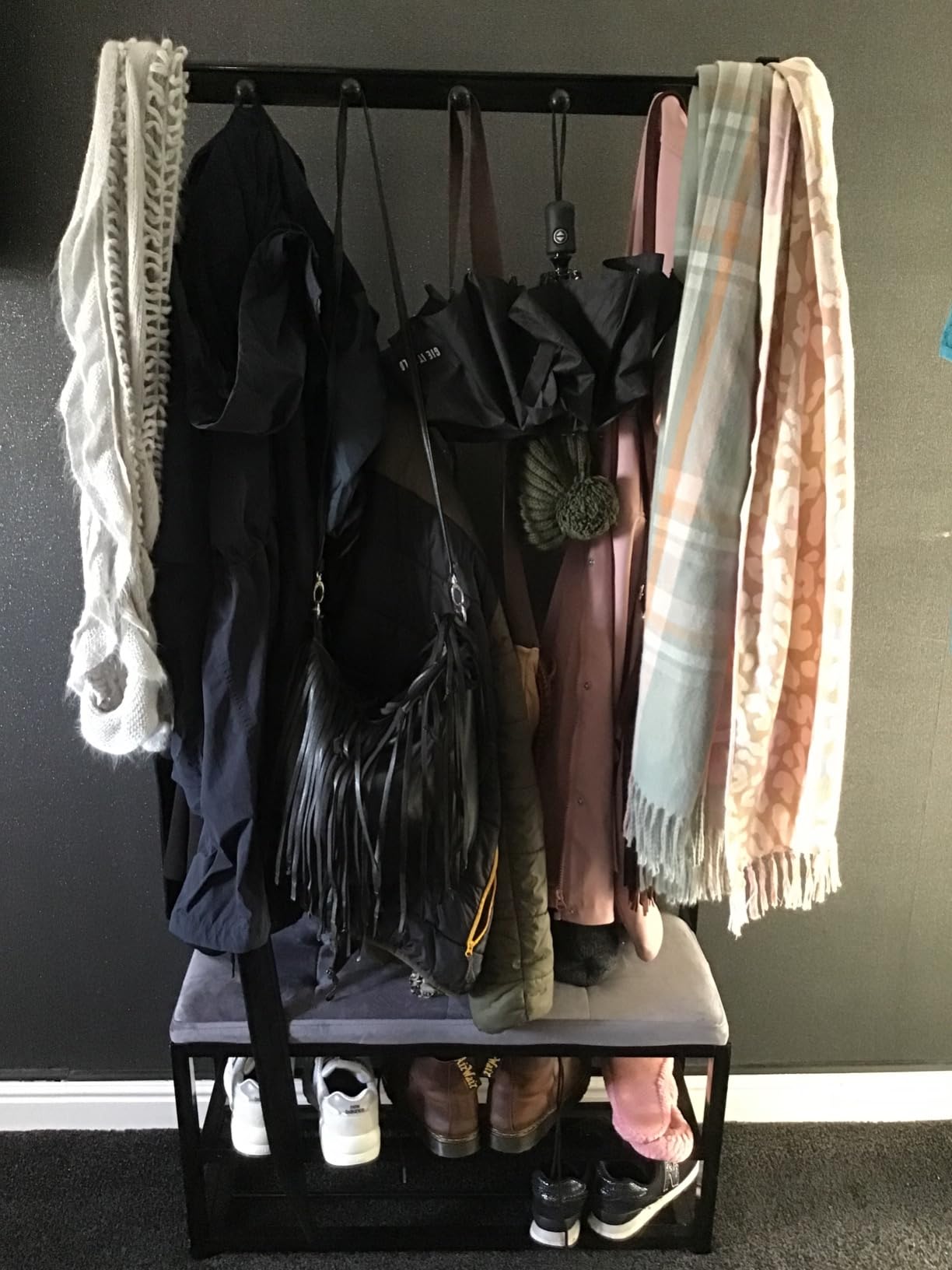 Hall Tree with Removable Hooks and 2Tier Shoe Stand, Industrial Coat