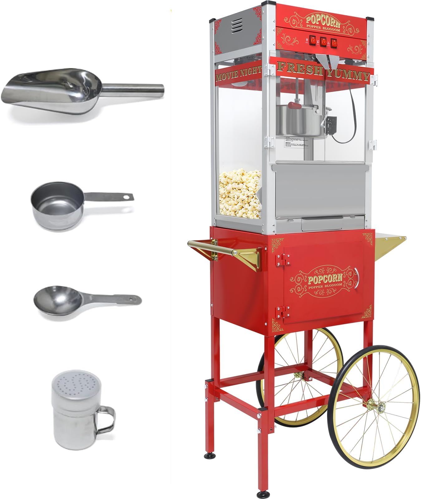 Commercial Popcorn Machine with Cart & Wheels - Popcorn Maker with 32OZ Stainless Steel Kettle, Pop corn Machine Maker for Home, Movie Theater, Parties, Red