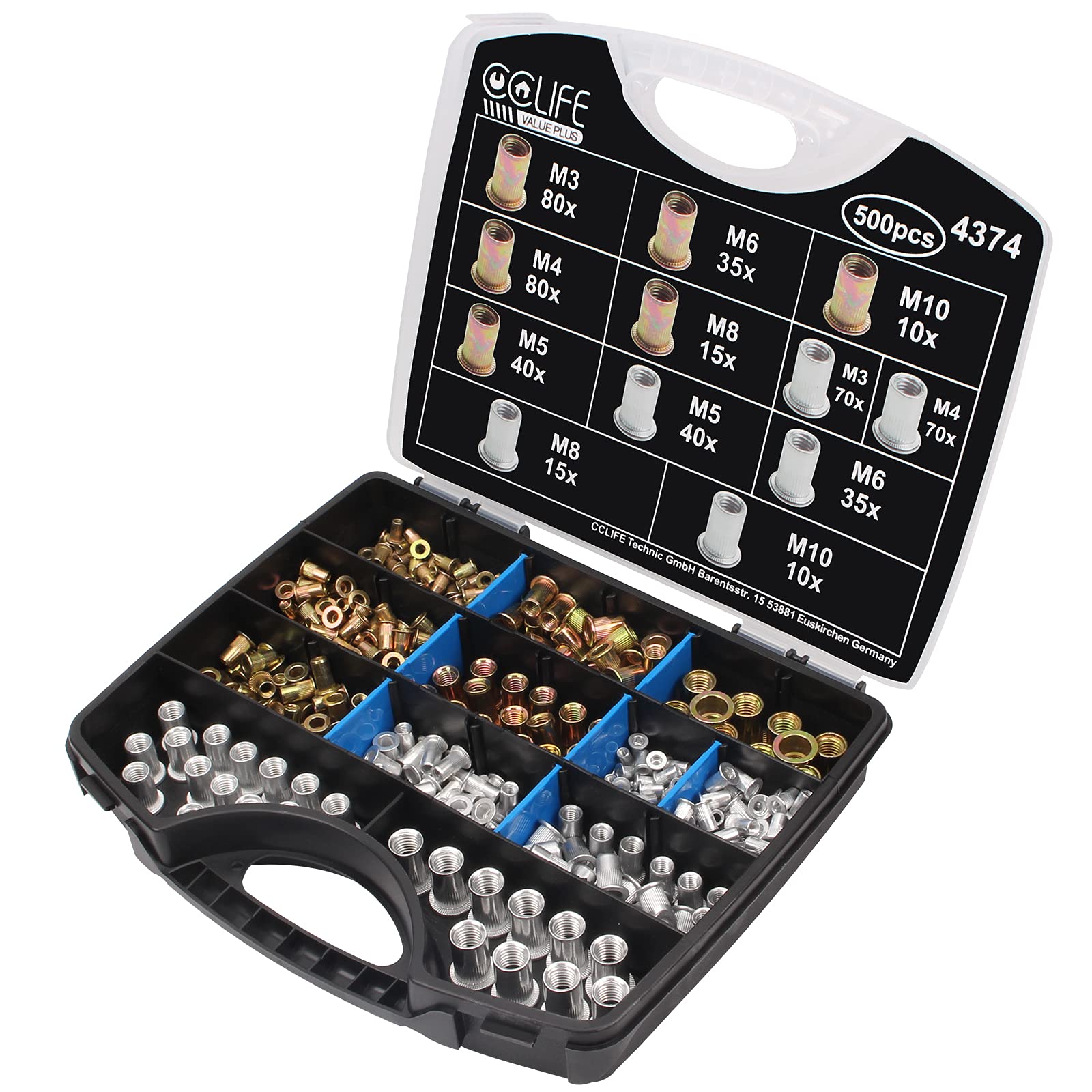 CCLIFE 500 Pezzi rivetto filettato in acciaio,M3 M4 M5 M6 M8 M10 Rivetto a Testa Piatta dadi rivetti Con scatola di immagazzinaggio