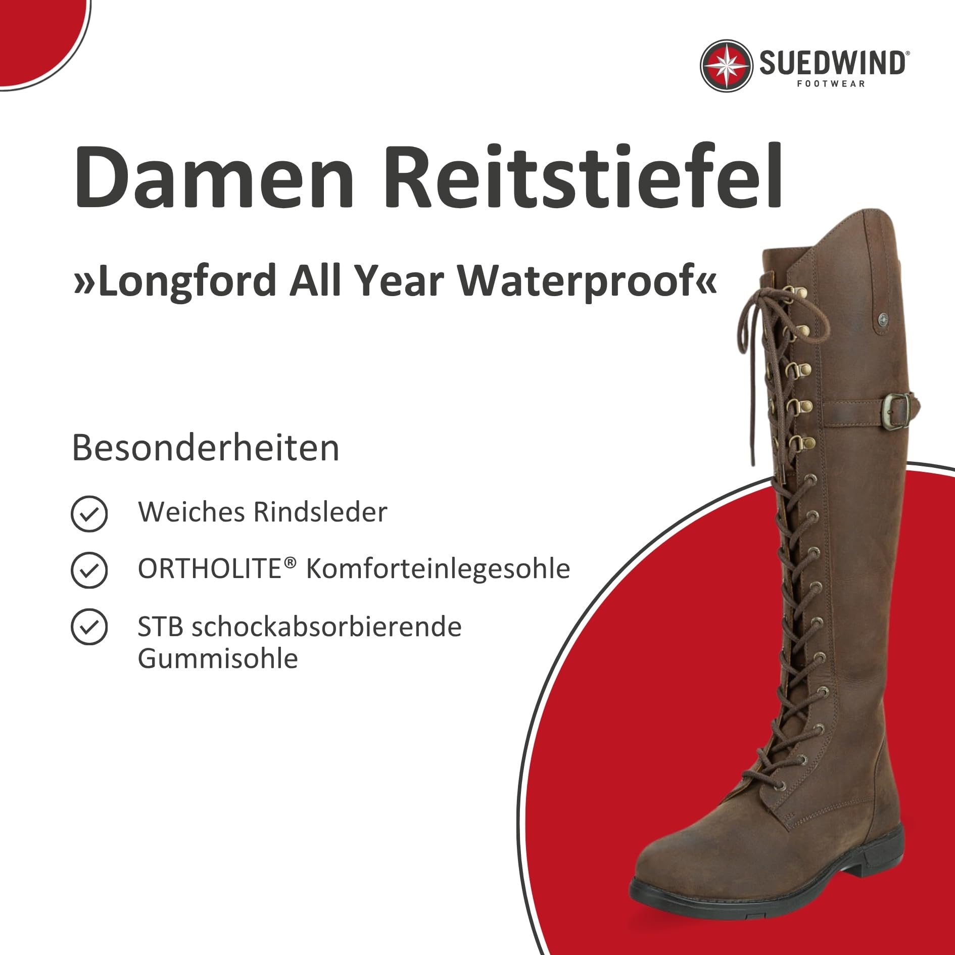 SUEDWIND FOOTWEAR Leder Reitstiefel für Damen Longford All Year Waterproof – Stiefel zum Reiten – Polo-Schnürung, Reißverschluss & Ortholite-Innensohle – schwarz o. braun – Gr. 36-43