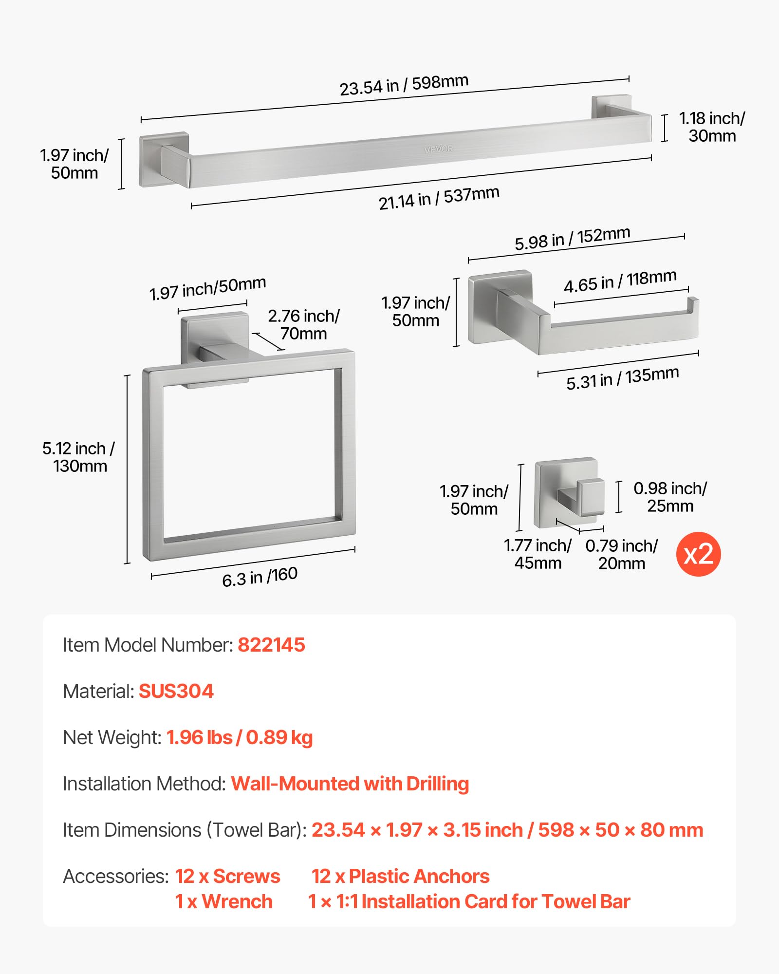 VEVOR Juego de Accesorios de Baño, Acero Inoxidable 304, con Toallero y Toallero Anillo Cuadrado, 2 Ganchos y Portarrollos de Papel Higiénico, para Baño, en Pared, 598 x 50 x 80 mm, Plata, 5 uds