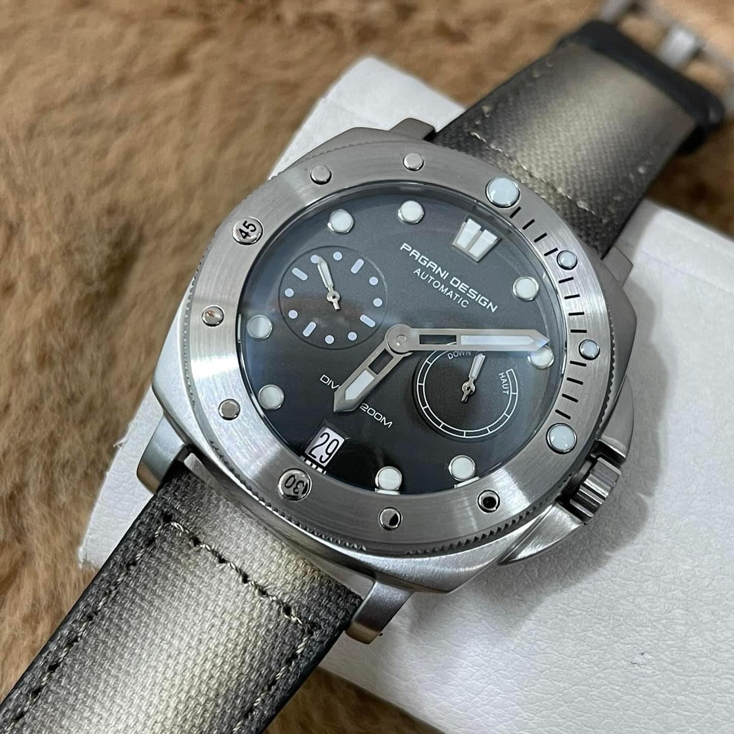 Pagani Design 1767 Reloj de Hombre automático 41MM Caja de Acero Inoxidable Espejo de Zafiro Reloj de Hombre con Cuerda automática Correa de Nylon. (Verde Claro)