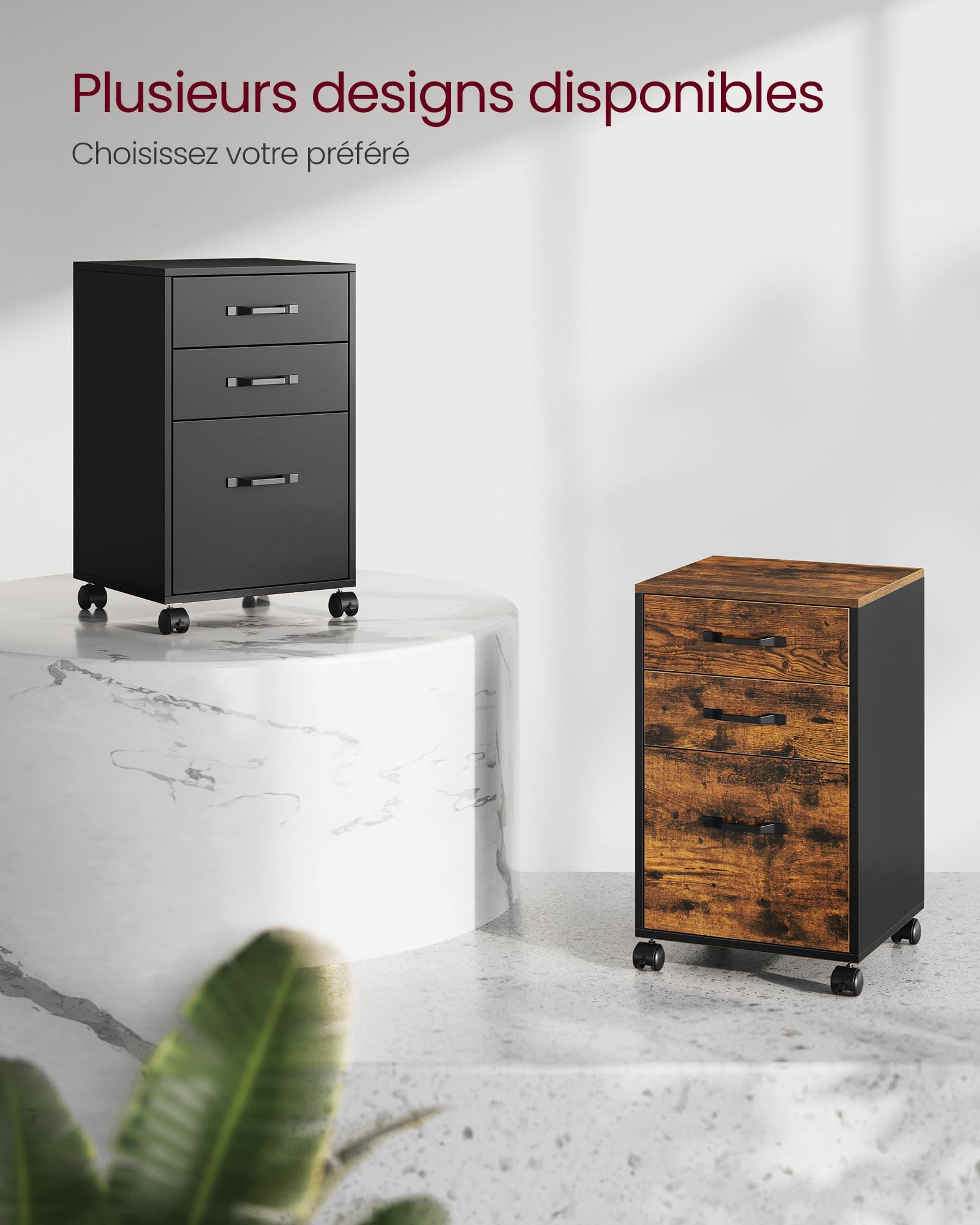 VASAGLE Custos Collection - Caisson de Bureau, Meuble de Bureau à 3 Tiroirs, Casier sur roulettes, pour Documents Format A4, Tringle Réglable, Noir d'encre OFC065BC01