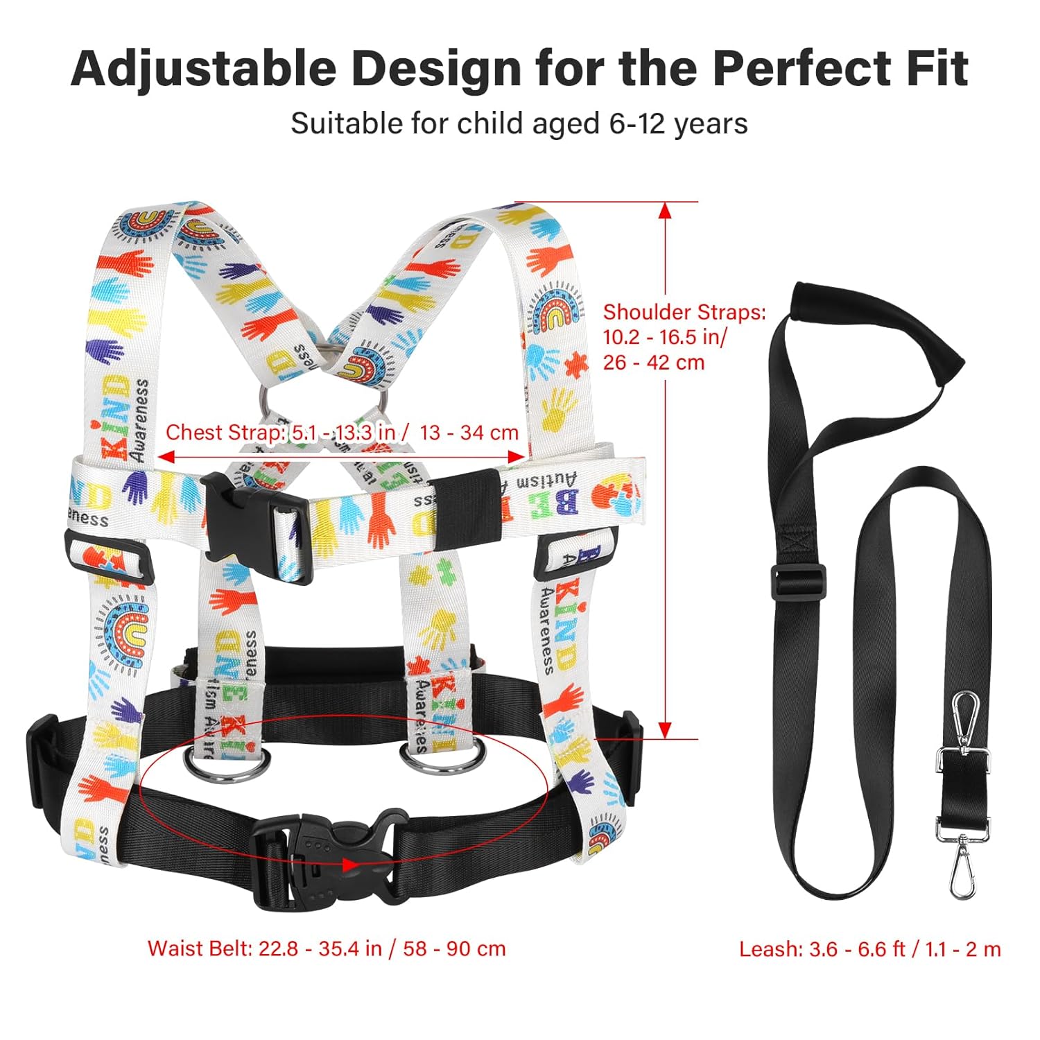Safety Walking Harness and Leash for Autism & Special Needs Kids Ages 6-12 with Easy-Adjust Tether + Emergency Grab Handle for Wandering Prevention & Calm Outdoor Adventures