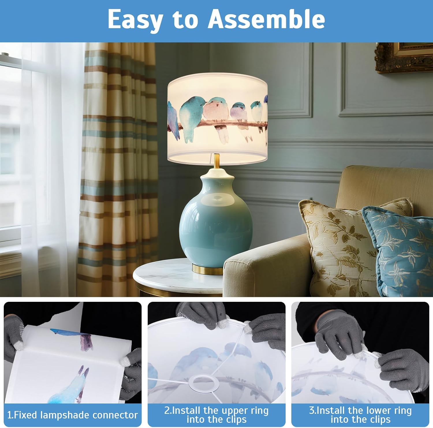 Drum Lamp Shades Set of 2,13"x10" Decorative Fabric Lampshades for Table Lamps,Floor Lamps and Chandeliers,Farmhouse Replacement Light Shades with Cottagecore Print Decor,Spider Fitter,Fits E26 Bulbs