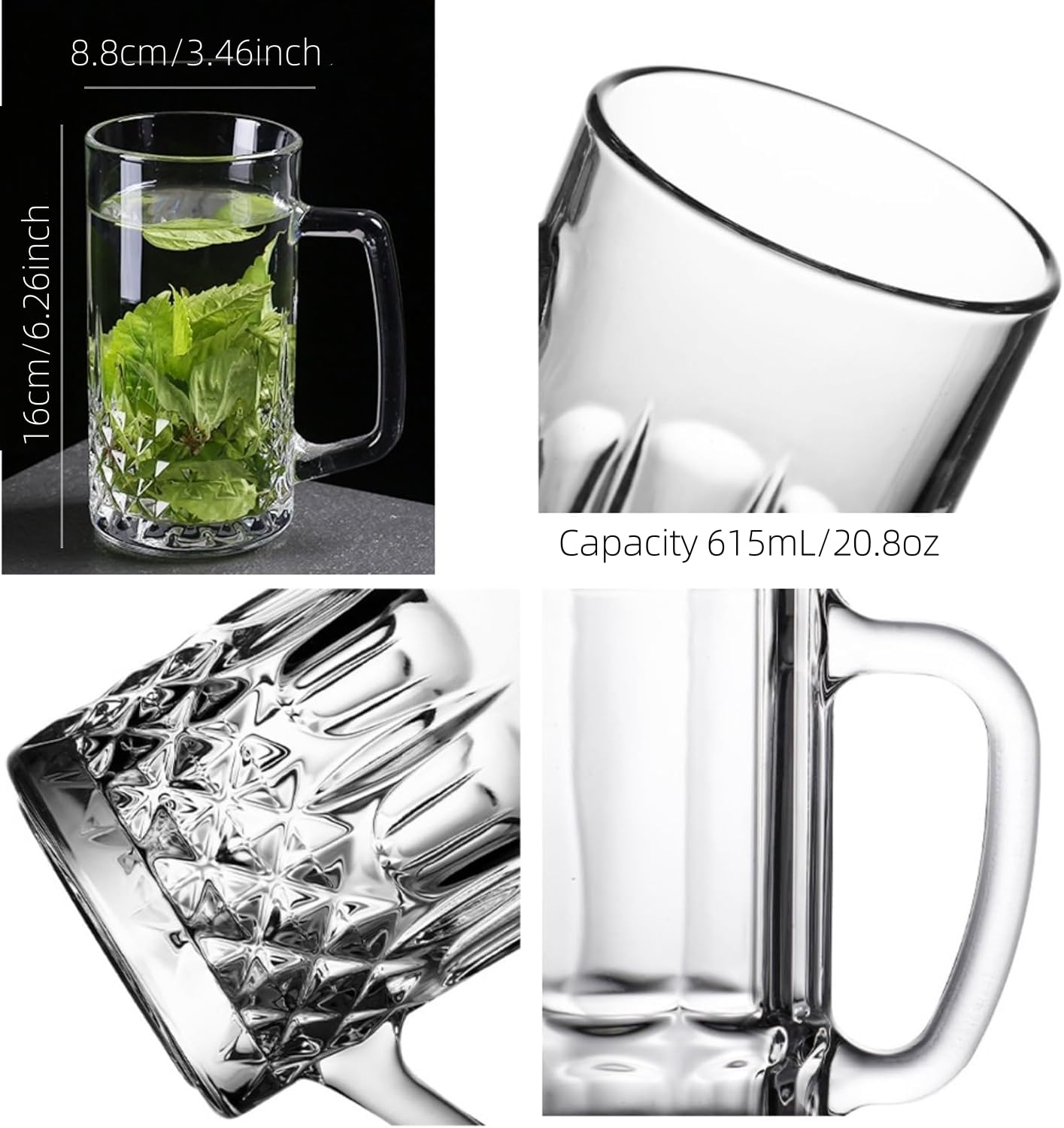 Jarra de cerveza de cristal para congelador, jarra de cerveza grande y pesada de 21 onzas con asa, vasos de vidrio transparente esmerilado para cerveza de raíz, agua, beber, 2 unidades