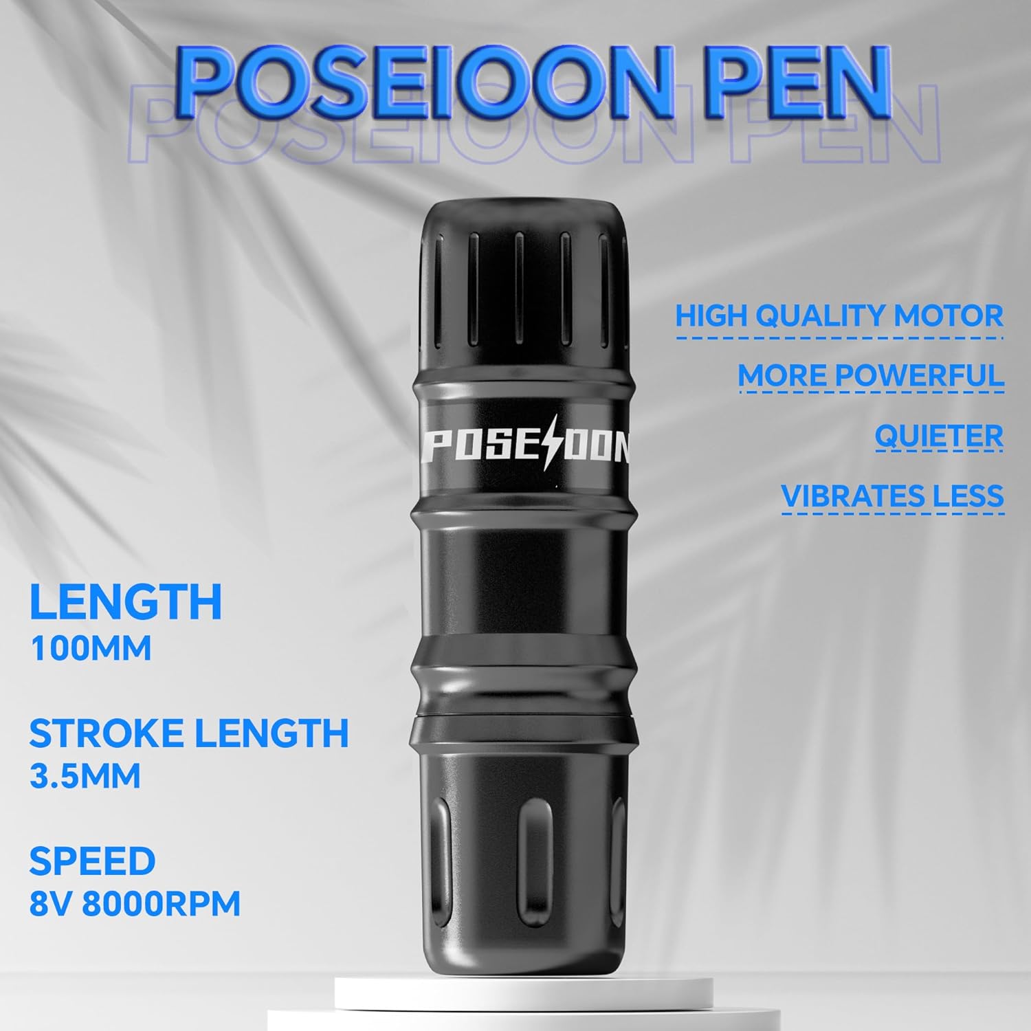 POSEIDON Tattoo Pen with specifications: Length 100mm, Stroke Length 3.5mm, Speed 8V 8000RPM