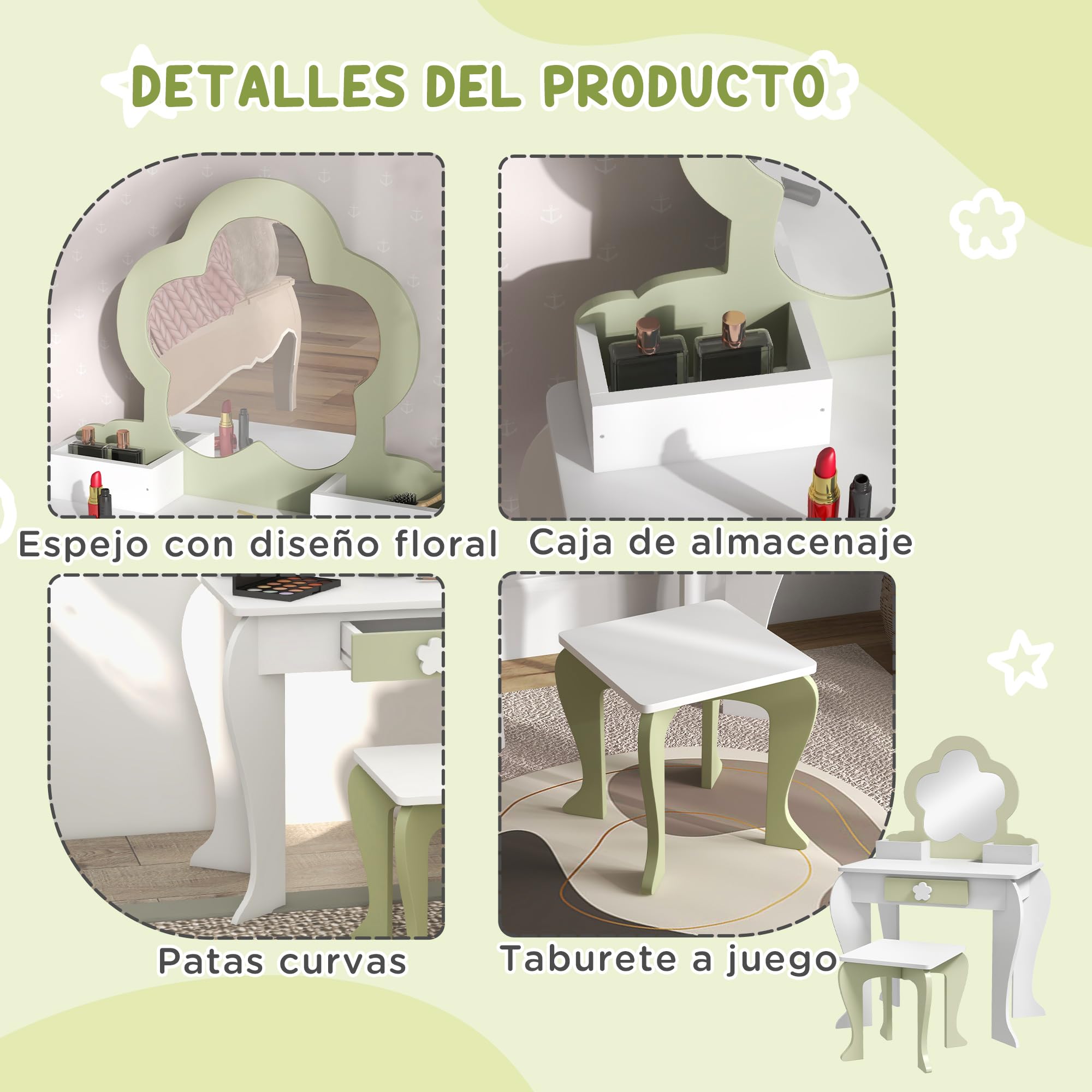 ZONEKIZ Tocador para Niñas con Espejo y Taburete Tocador de Maquillaje para Niñas de 3-6 Años con 2 Cajas y 1 Cajón 55x34x87,5 cm Blanco y Verde Pastel