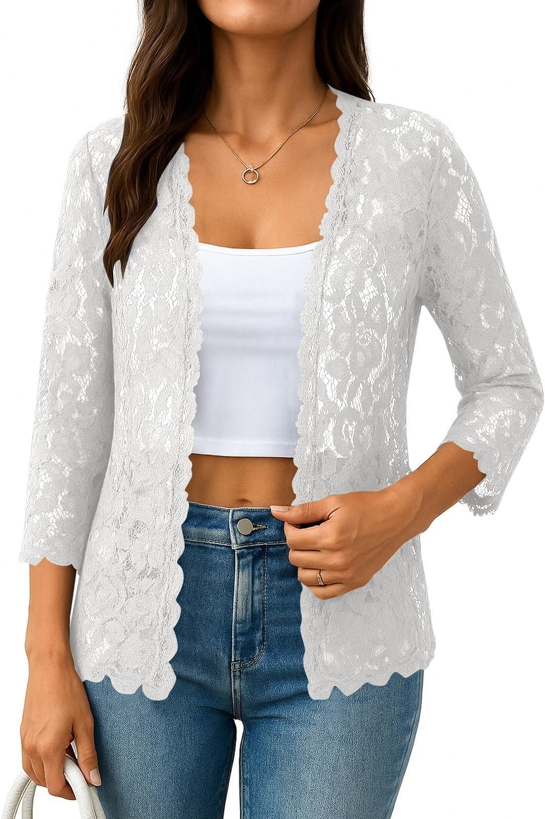 Bolero Cardigans for Women Elegant Floral Lace Cropped Shrugs Open Front 3/4 Sleeve Sheer Mesh Cardigan Summer Crochet Shrug Shawl Boleros for Evening Wedding Party