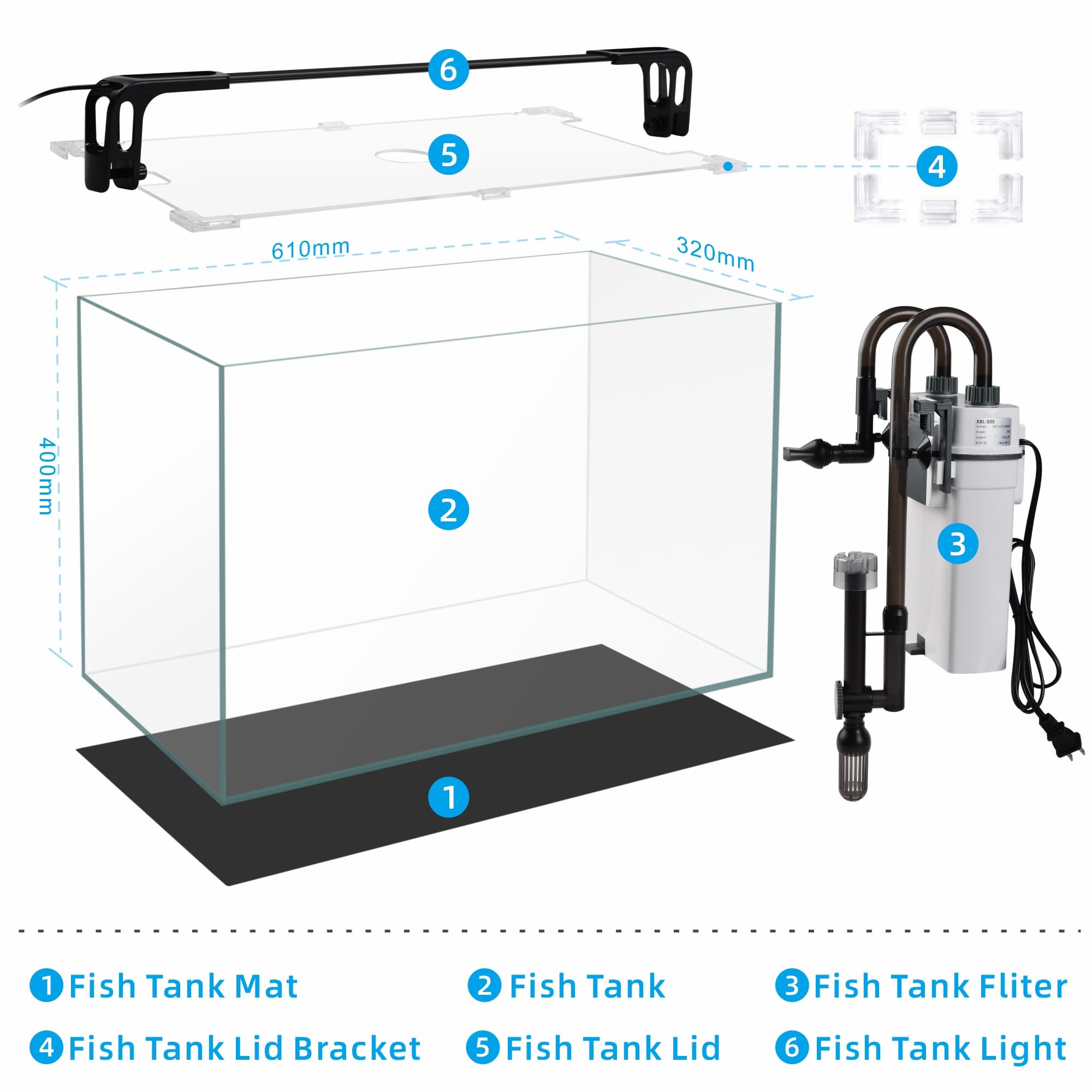 Vimvins Petit aquarium en verre de 20 gallons, kit de démarrage pour aquarium Betta avec filtre, lumières.