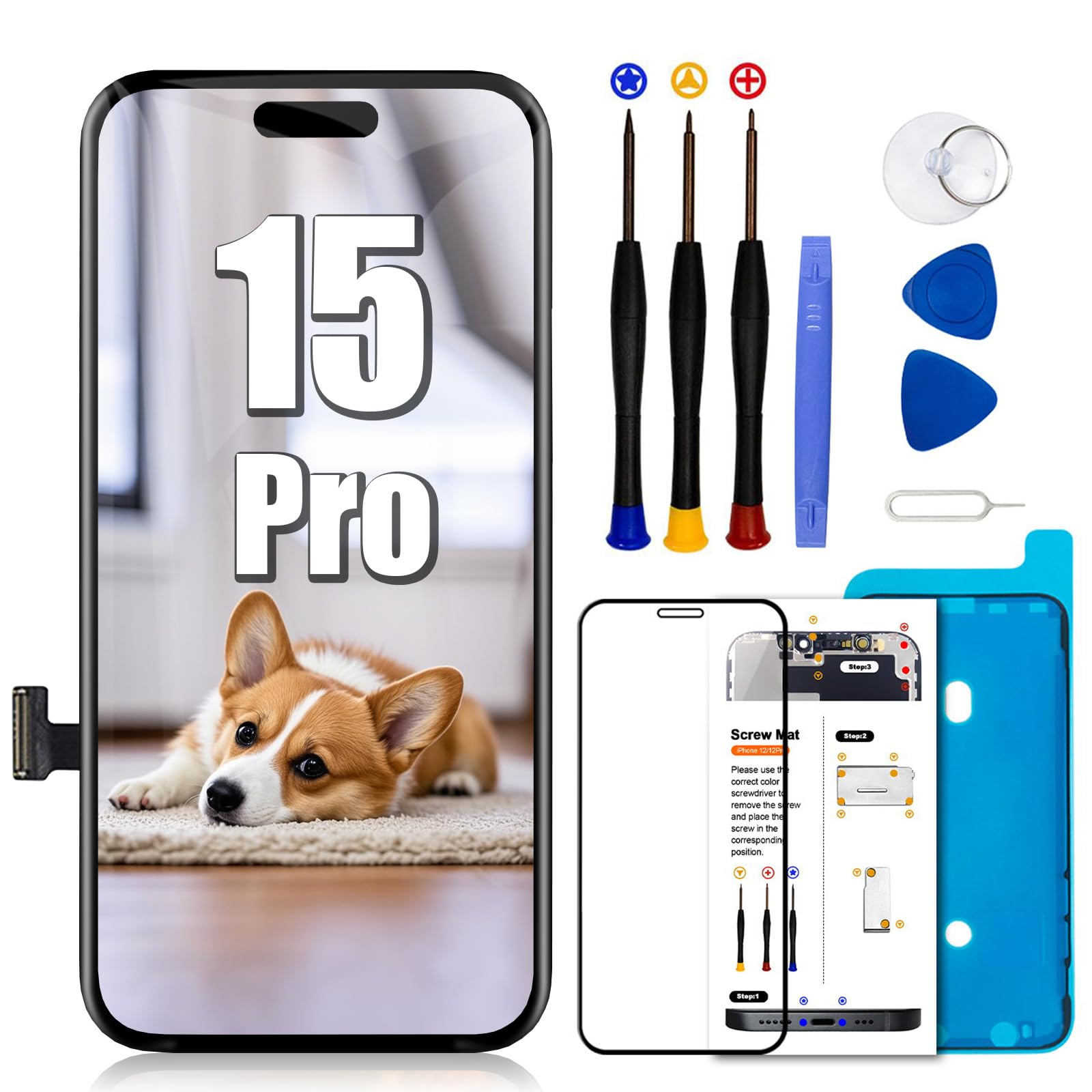 for iPhone 15 Pro Screen Replacement 6.1 inch,LCD Display Touch Screen Digitizer Assembly with Repair Tools Set, Compatible with Model A2848, A3101, A3102, A3104