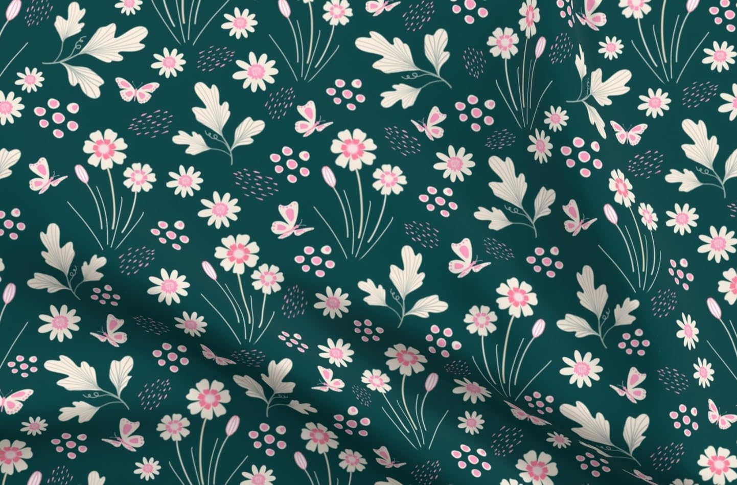 Spoonflower Fabric - Whimsical Botanical Floral Butterflies Cottagecore Green Flowers Pink Printed on Petal Cotton Fabric Fat Quarter - Sewing Quilting Apparel Crafts Decor
