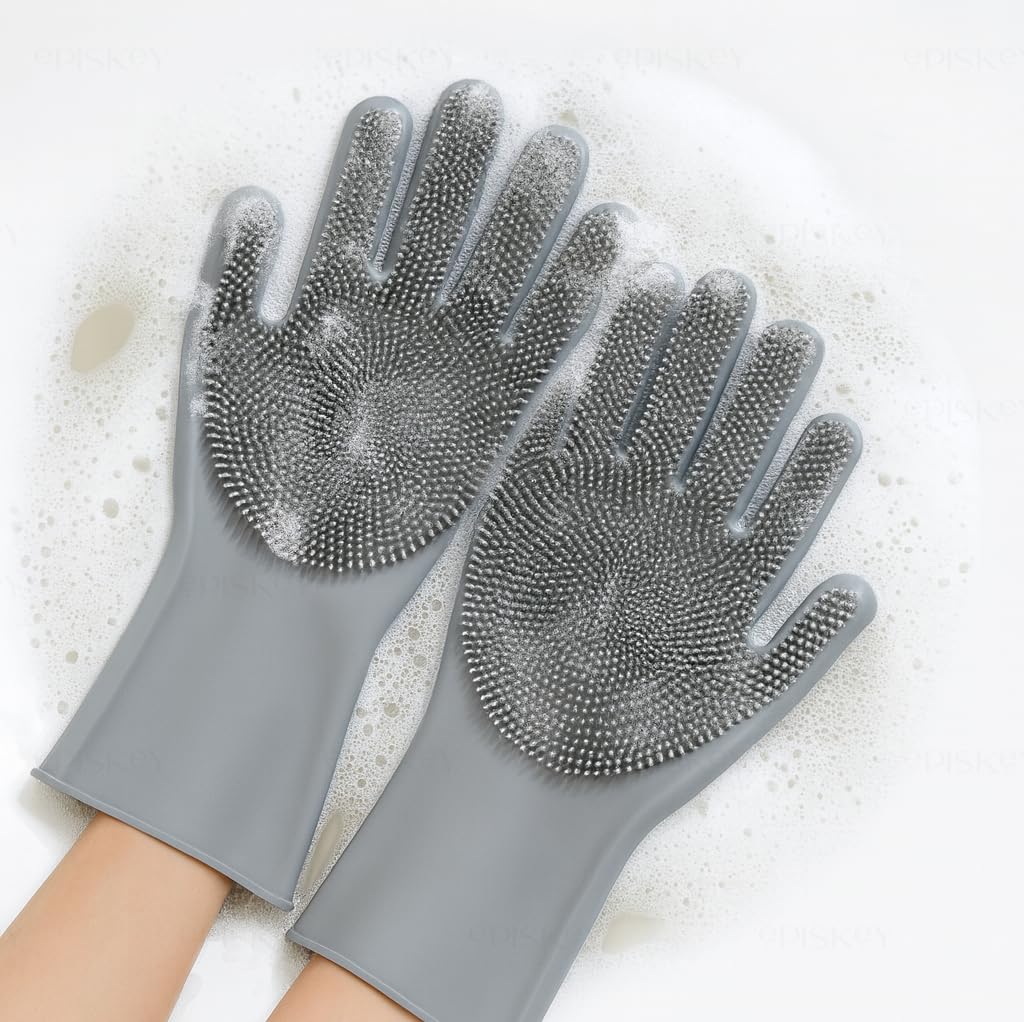 Episkey Reusable Heavy Duty Hand Gloves for Dishwashing, Gardening, Kitchen Cleaning Non-Slippery & Durable Long Elbow Length (Silver CLEANING GLOVES)