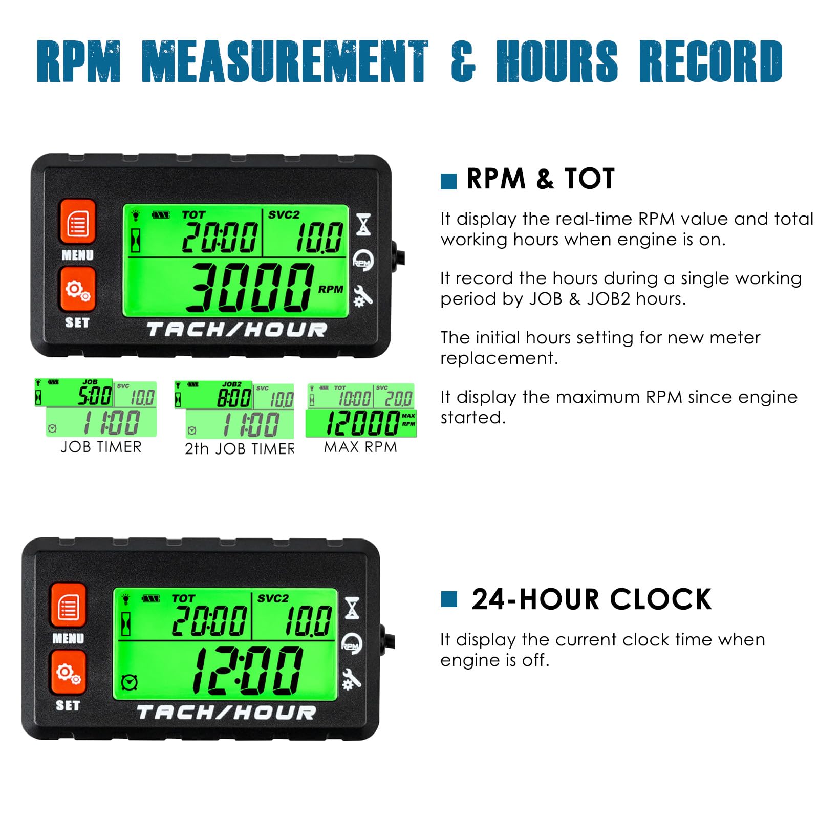 Runleader Compteur D'heures Tachymètre Avec Pince Crocodile RL-HM058J | Rappel D'Entretien Pour Tondeuse,Générateur,Moto,Hors-Bord,Tronçonneuse Etc