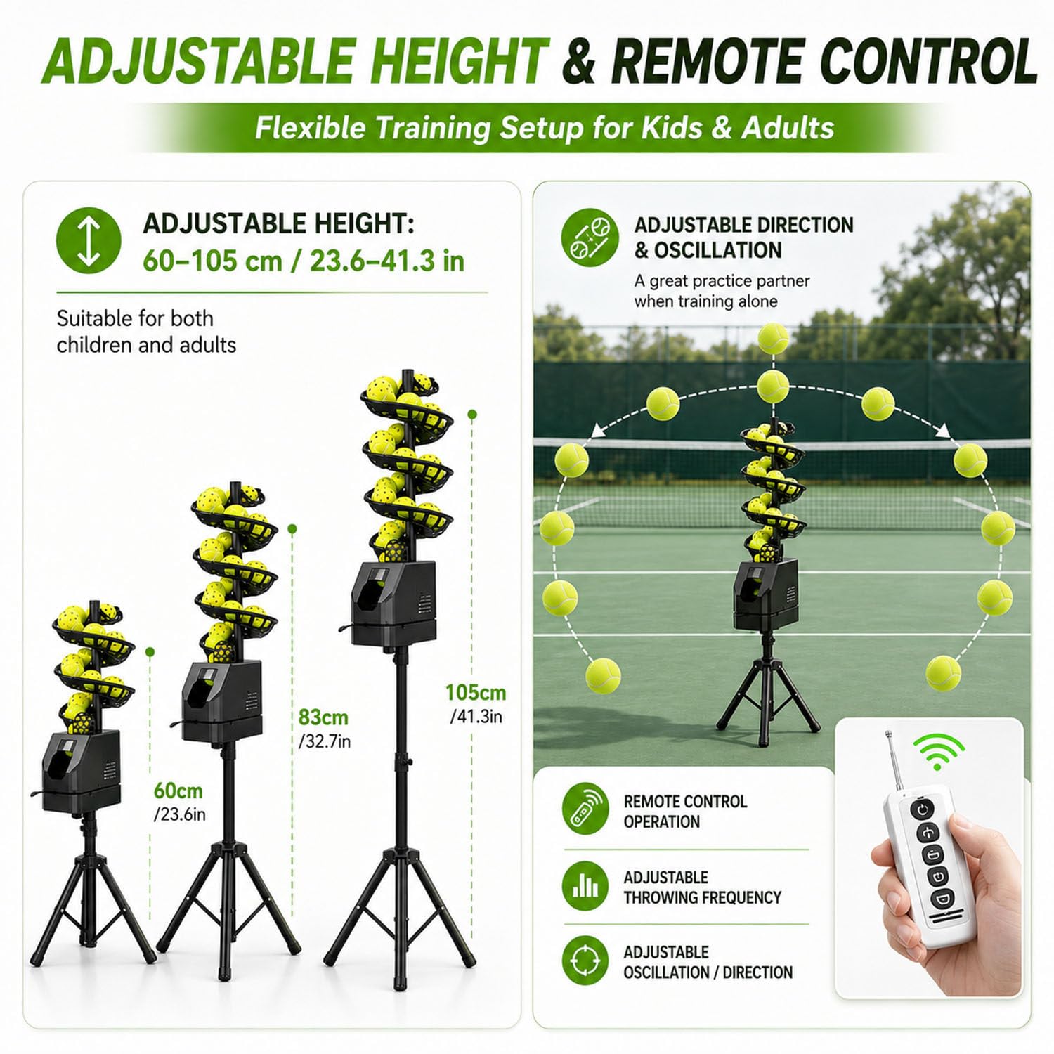 Macchina Servizio Tennis Portatile Altezza 60-105cm Telecomando | Treppiede regolabile per esercizi vari. Ideale per palestre e campi da tennis.