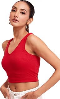 BERRY BIRD® Sleeveless V- Neck Slim Fit Ribbed Knit Tank Cut Out Back Crop Tops for Women & Girls Casual Beach and Gym Wea... Price In India