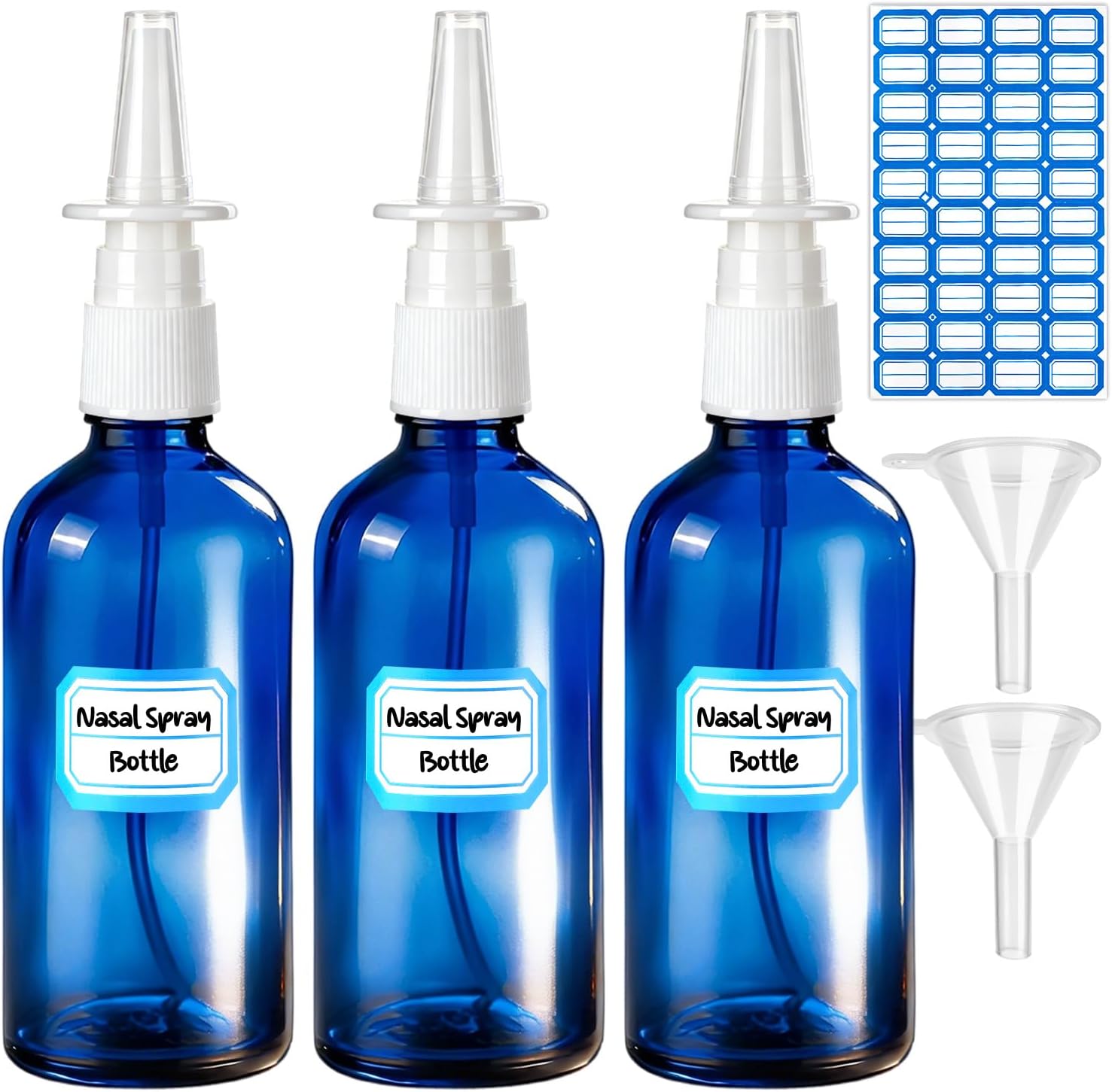 6 Pcs Nasal Spray Bottle, 100ML/3.52OZ 3Pcs Empty Glass Brown Blue Green Nose Nasal Spray Bottles Refillable with 2 Funnels and 1 Labels