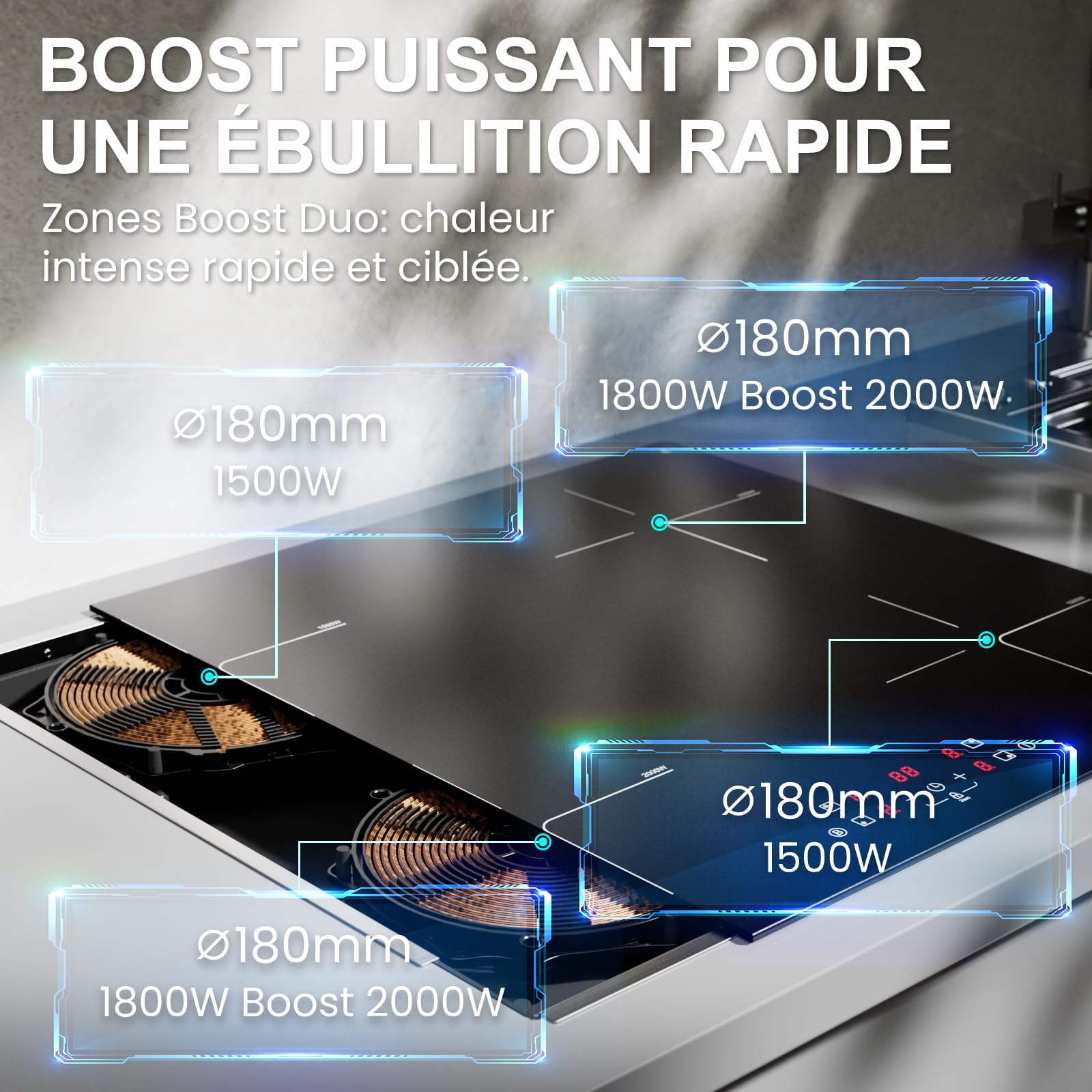Plaque Induction 4 Feux 7000W 60cm Encastrable Verre Anti-Rayures avec Grattoir Minuterie 2 Boosters Sécurité Enfant