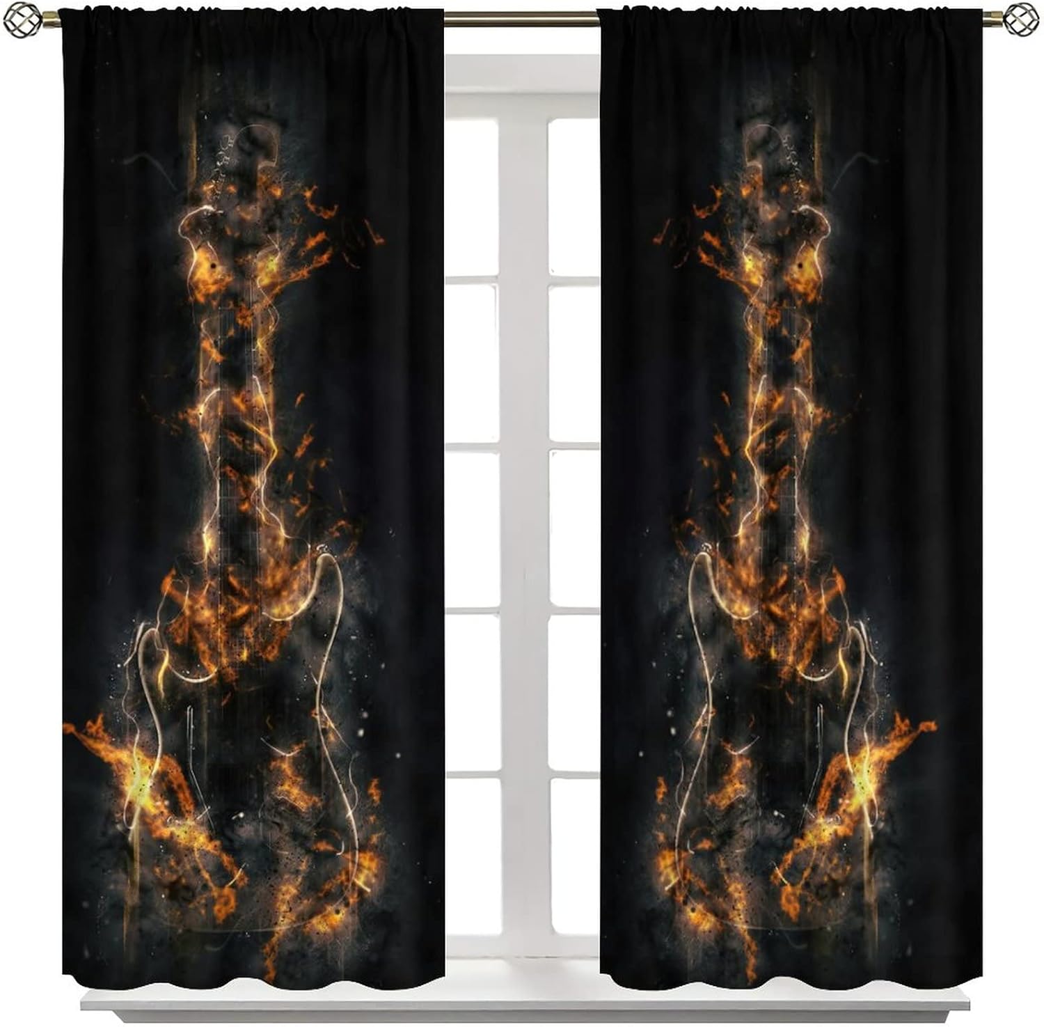 Burning Guitar Blackout Curtains for Bedroom,Cool Heavy Metal Black Fashion Fire Electric Guitar Window Drapes Rod Pocket 2 Panels 45L x 21W