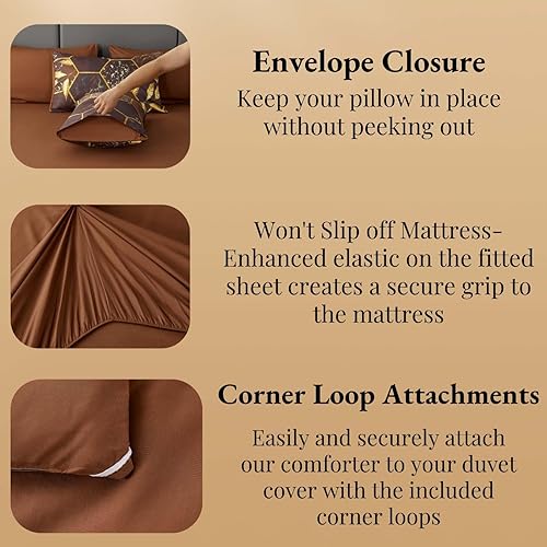 Miniatura 8 de Juego de edredón marrón dorado tamaño King, juego de ropa de cama hexagonal geométrico, edredón de 7 piezas de mármol marrón con panal en una bolsa,