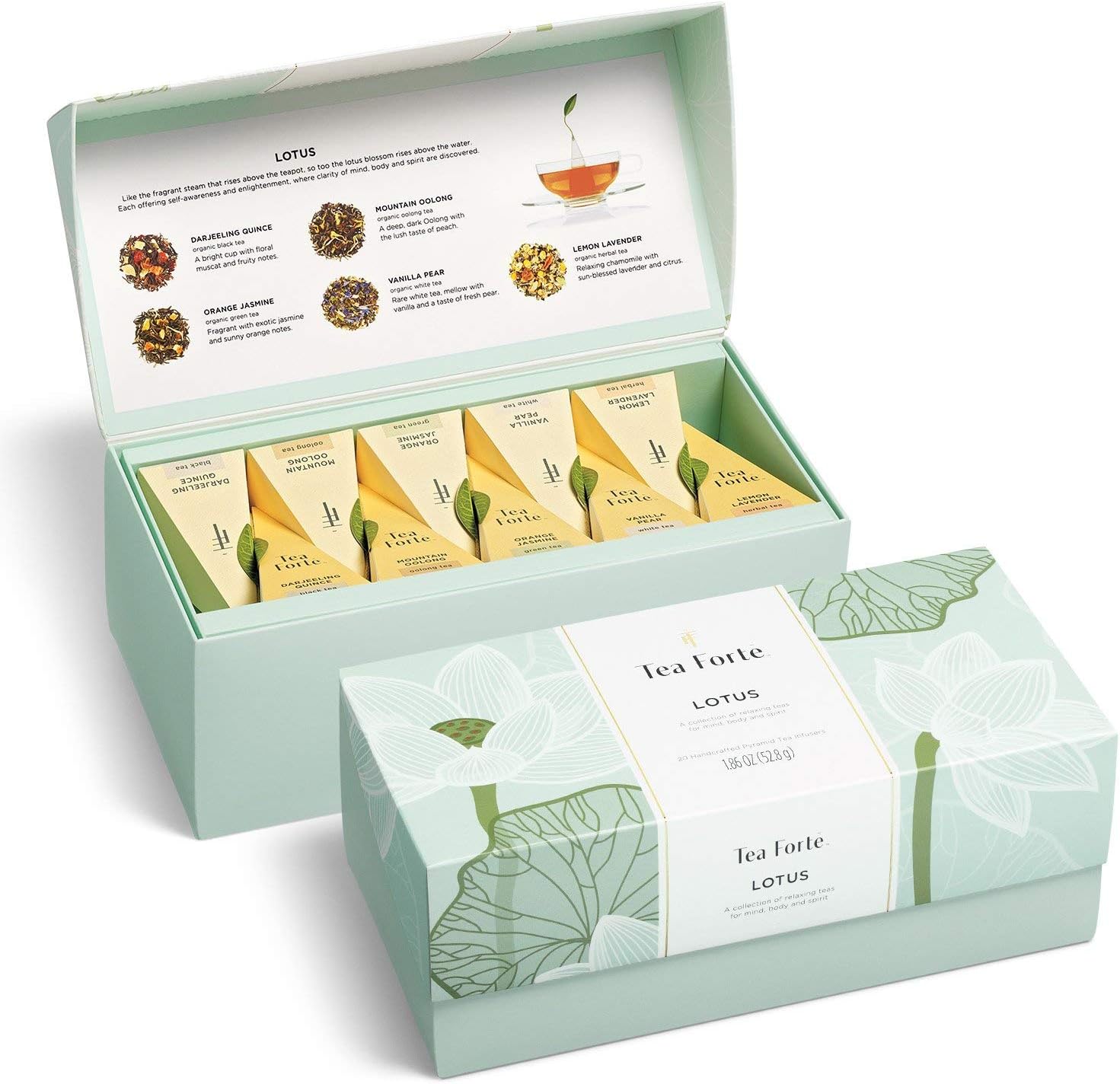 Tea Forte Premium Presentation Box Gift Set Sampler, 20 Count, Assorted Blends Individually Wrapped Handcrafted Pyramid Infuser Bags, Lotus Tea