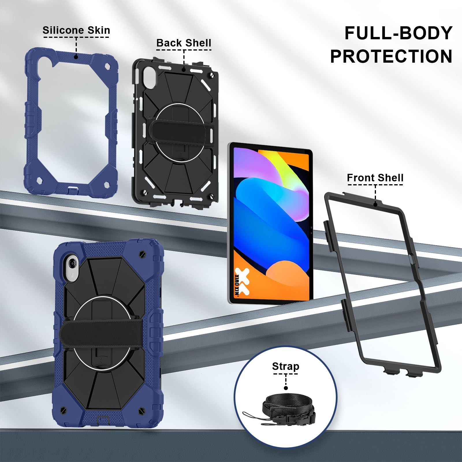 Etui kompatybilne z Motorola Moto Pad 60 Neo/Moto Pad 11 2026, etui na tablet, odporne na wstrząsy, etui ochronne, wytrzymały pokrowiec z TPU, z podpórką i paskiem na ramię (granatowy + czarny)