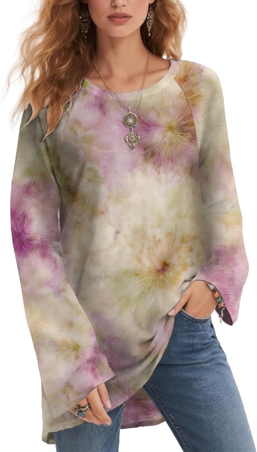 Womens Long Sleeve Tie Dye Shirt Boho Crew Neck Loose Fit Casual Top Lightweight Polyester Blouse for Spring Fall