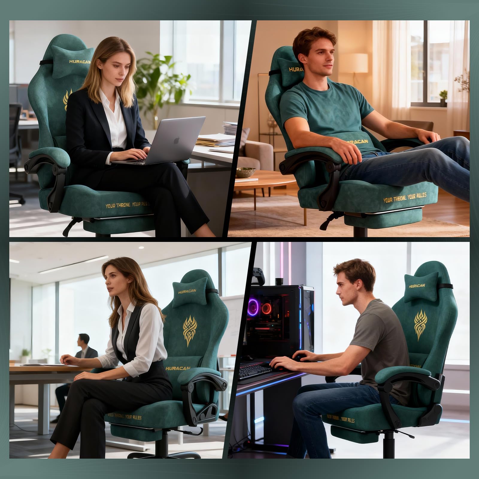 Huracan Chaise Gaming Ergonomique, Fauteuil Gamer avec Repose-Pieds Télescopique Coussin à Ressorts, Support Lombaire, Tissu Velours Respirant pour Les Longues Sessions de Gaming et de Travail, Vert