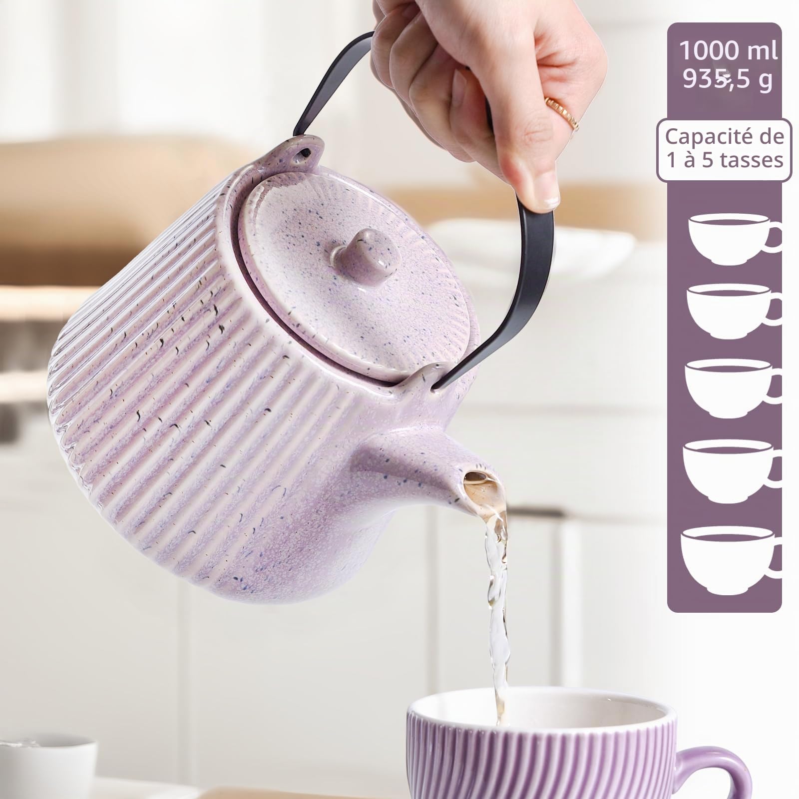 Yundu Théière violette en porcelaine, 1000 ml, avec infuseur à thé amovible, passoire à thé pour thé en vrac, théière avec infuseur
